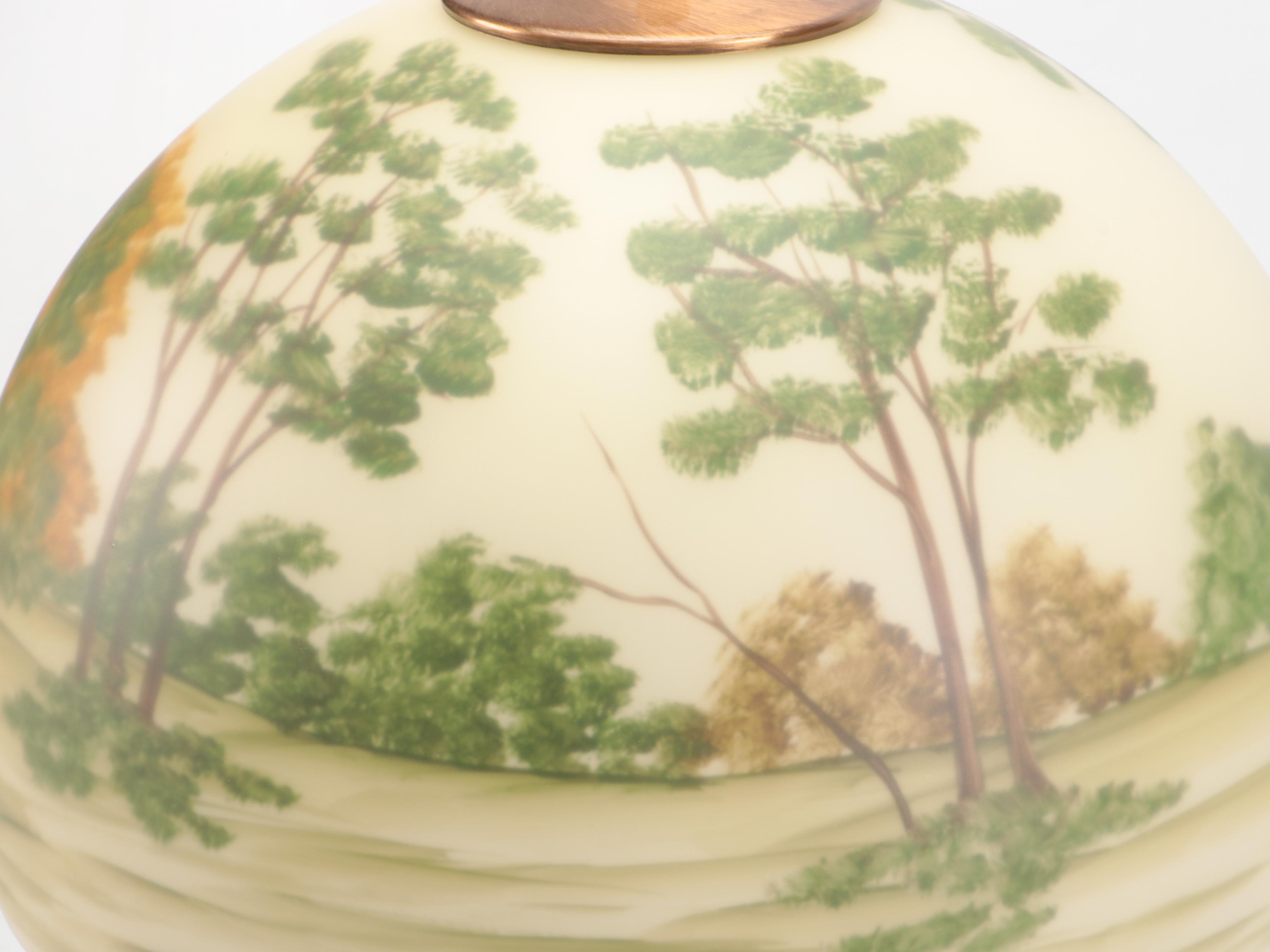 Arts and Crafts Style Table Lamp with Reverse Painted Landscape Glass Shade