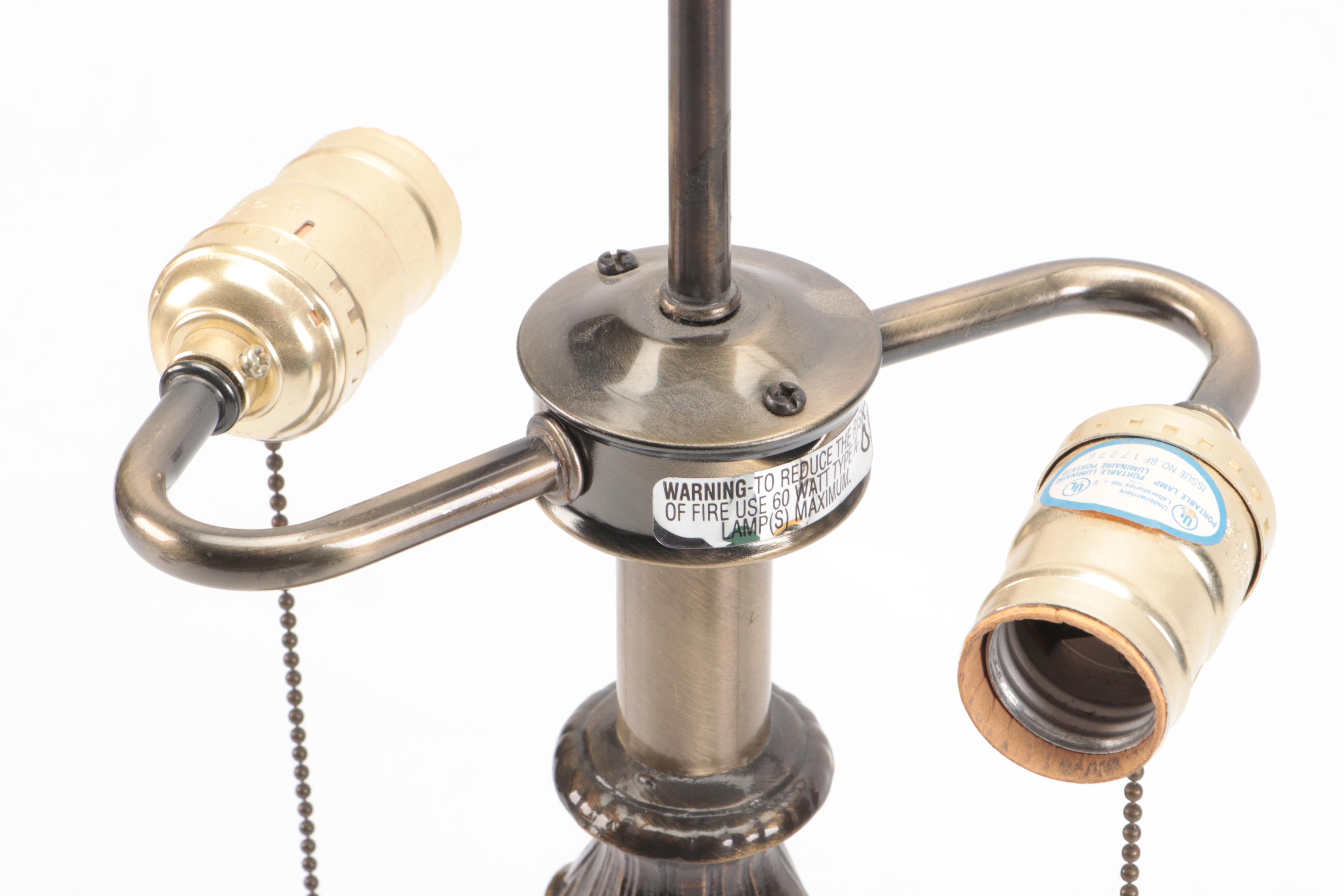 Arts and Crafts Style Table Lamp with Reverse Painted Landscape Glass Shade