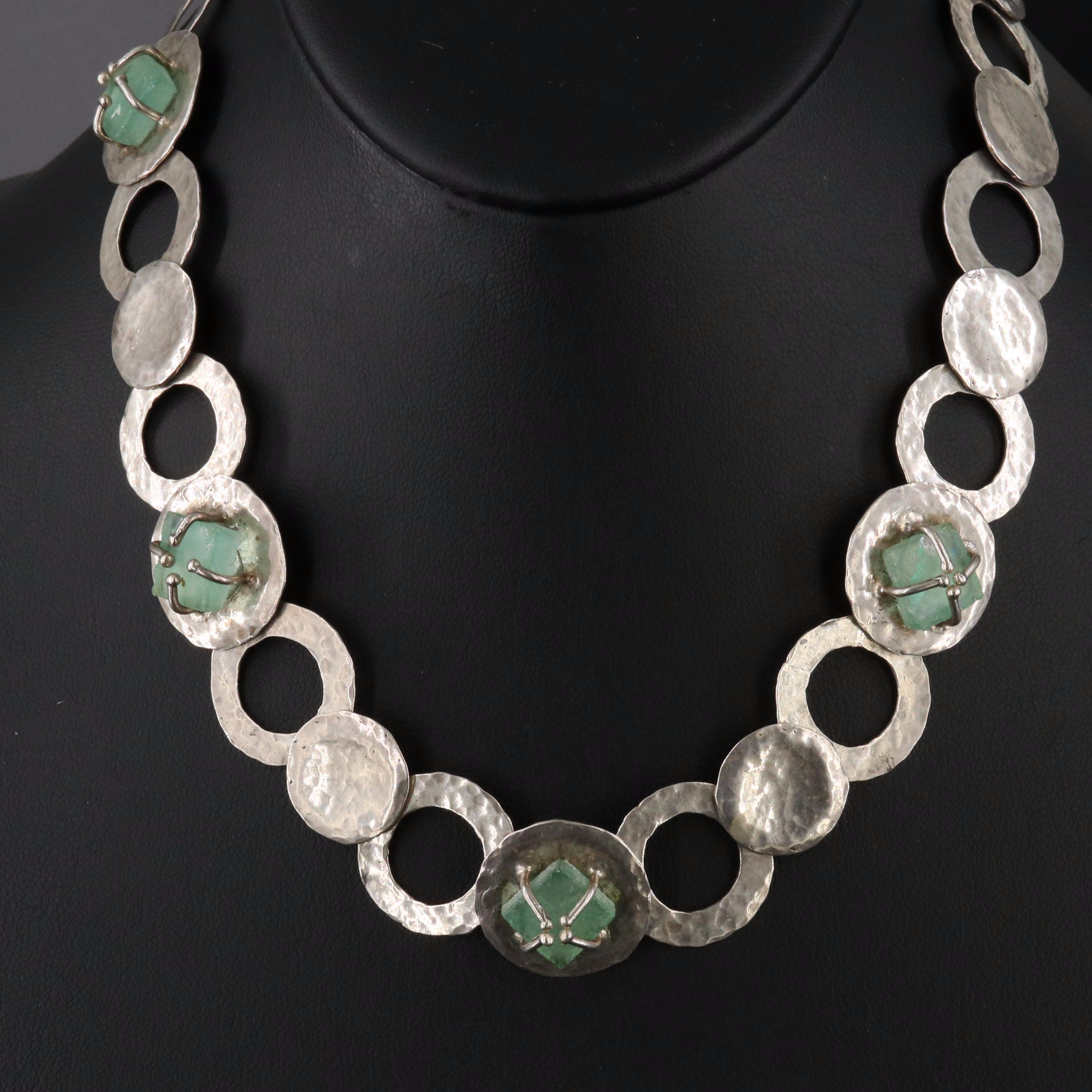 Luli of Israel Sterling Roman Style Glass and Hammered Link Necklace