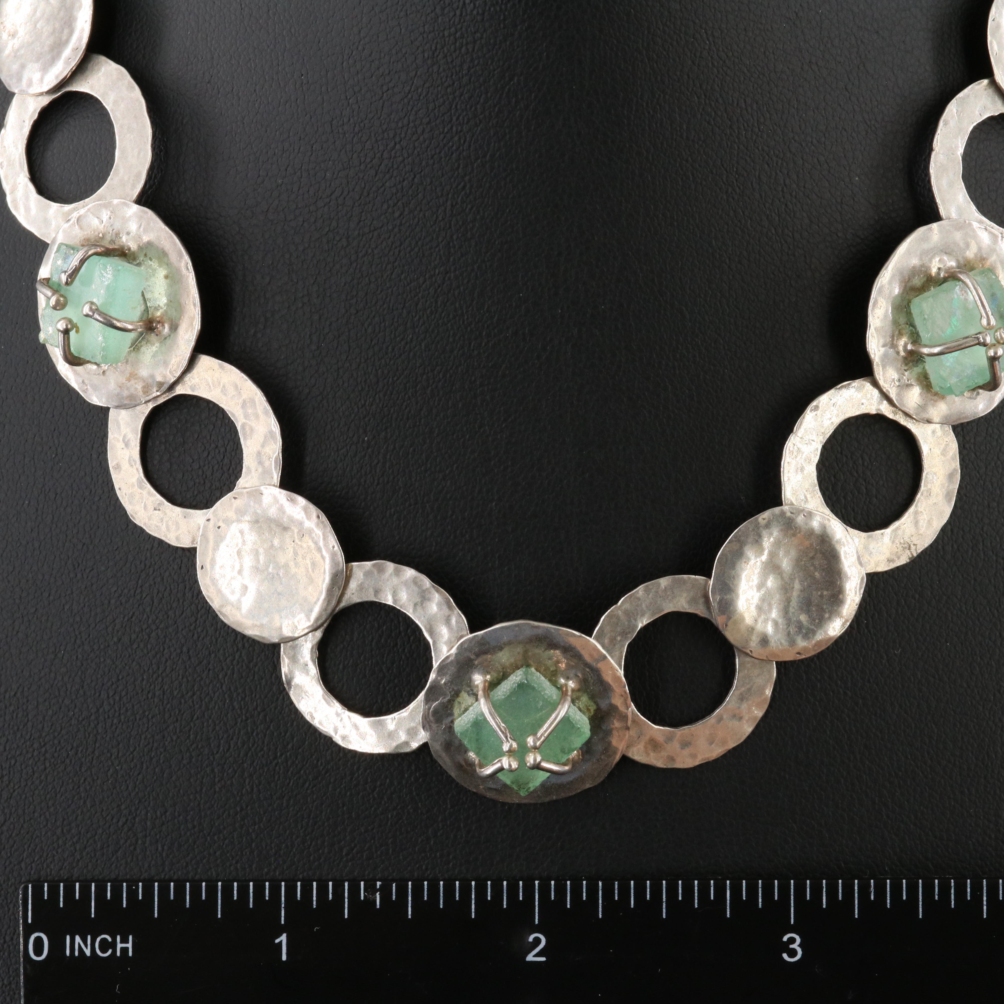 Luli of Israel Sterling Roman Style Glass and Hammered Link Necklace