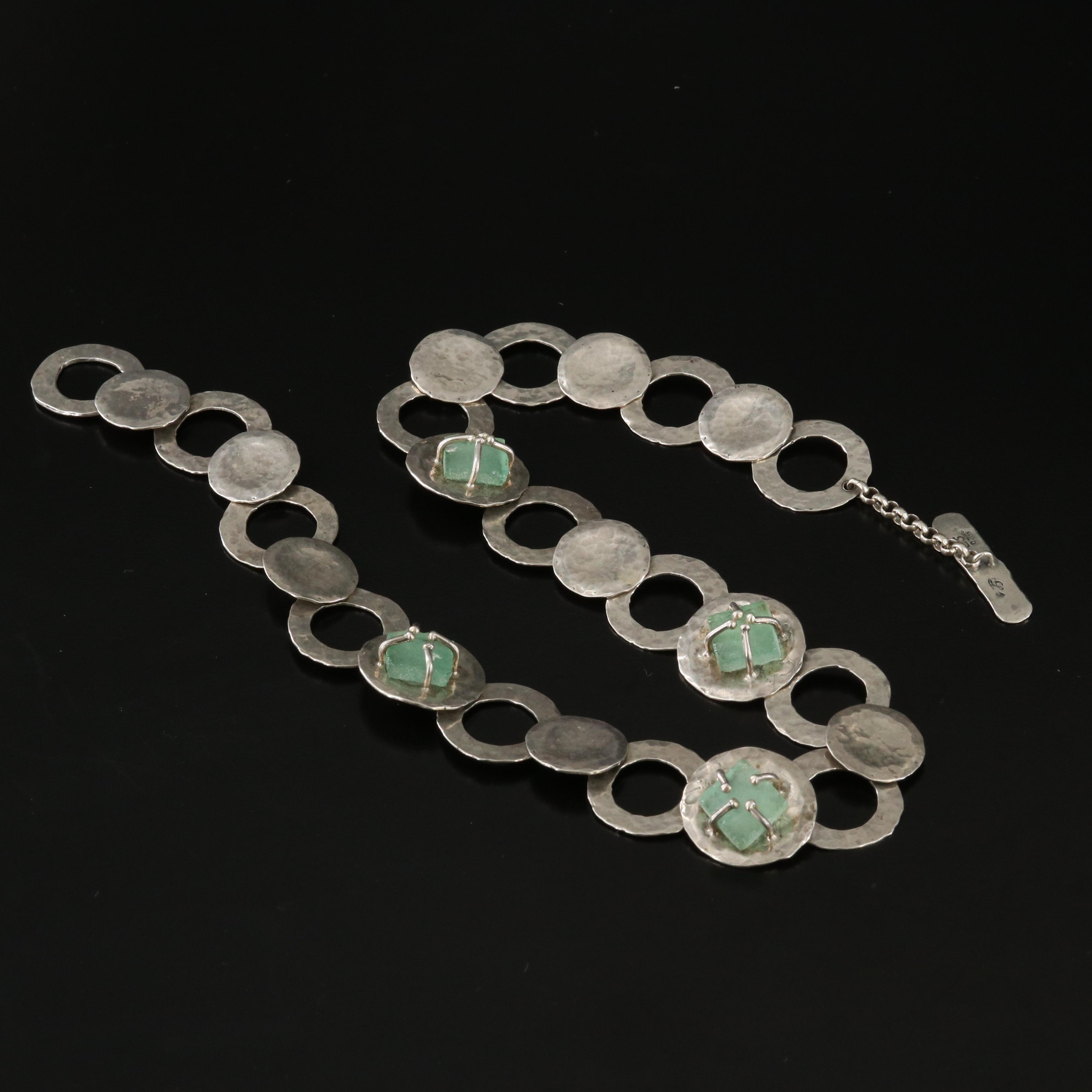 Luli of Israel Sterling Roman Style Glass and Hammered Link Necklace