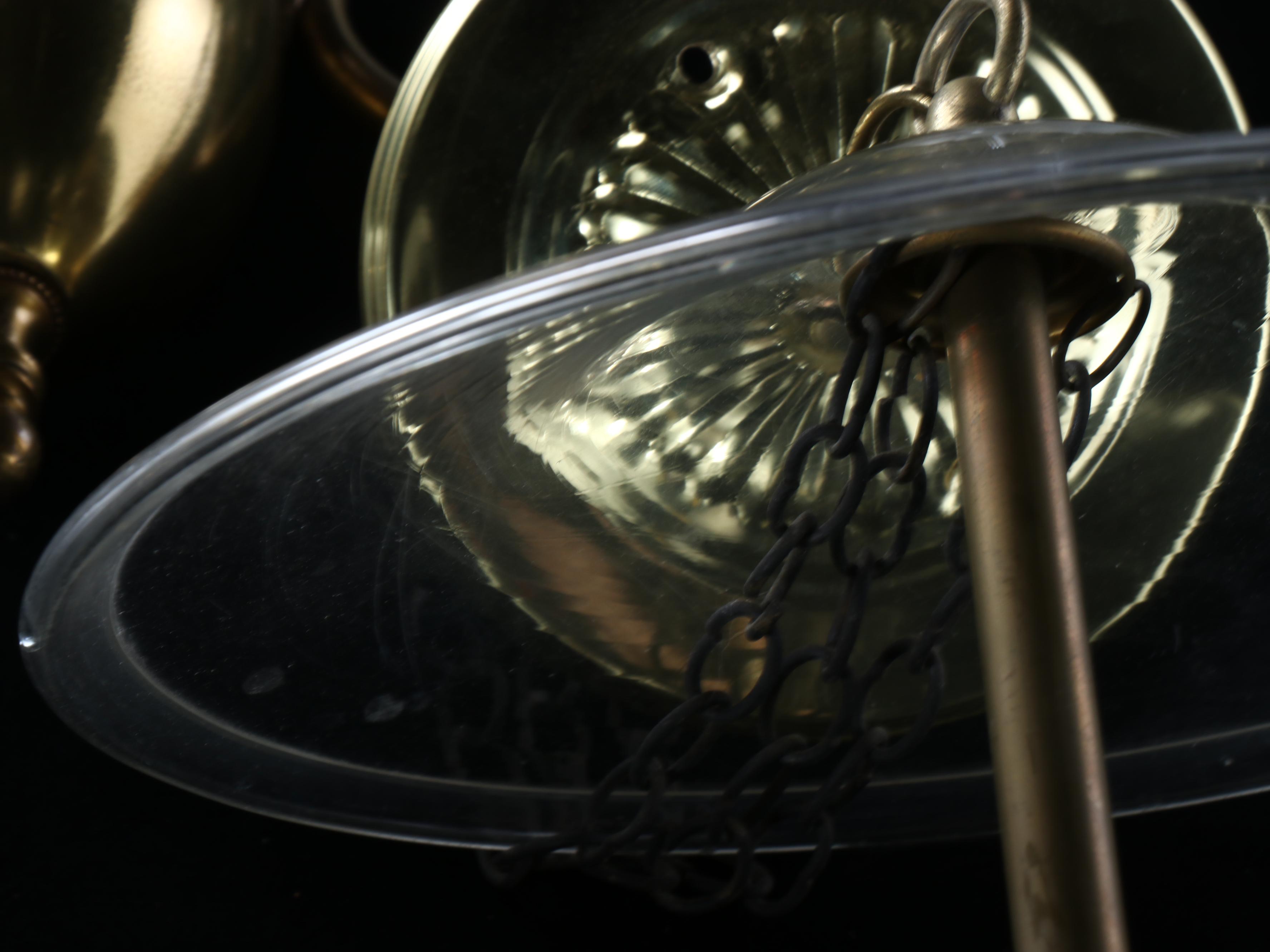 Victorian Style Brass and Satin Glass Pendants and Chandelier