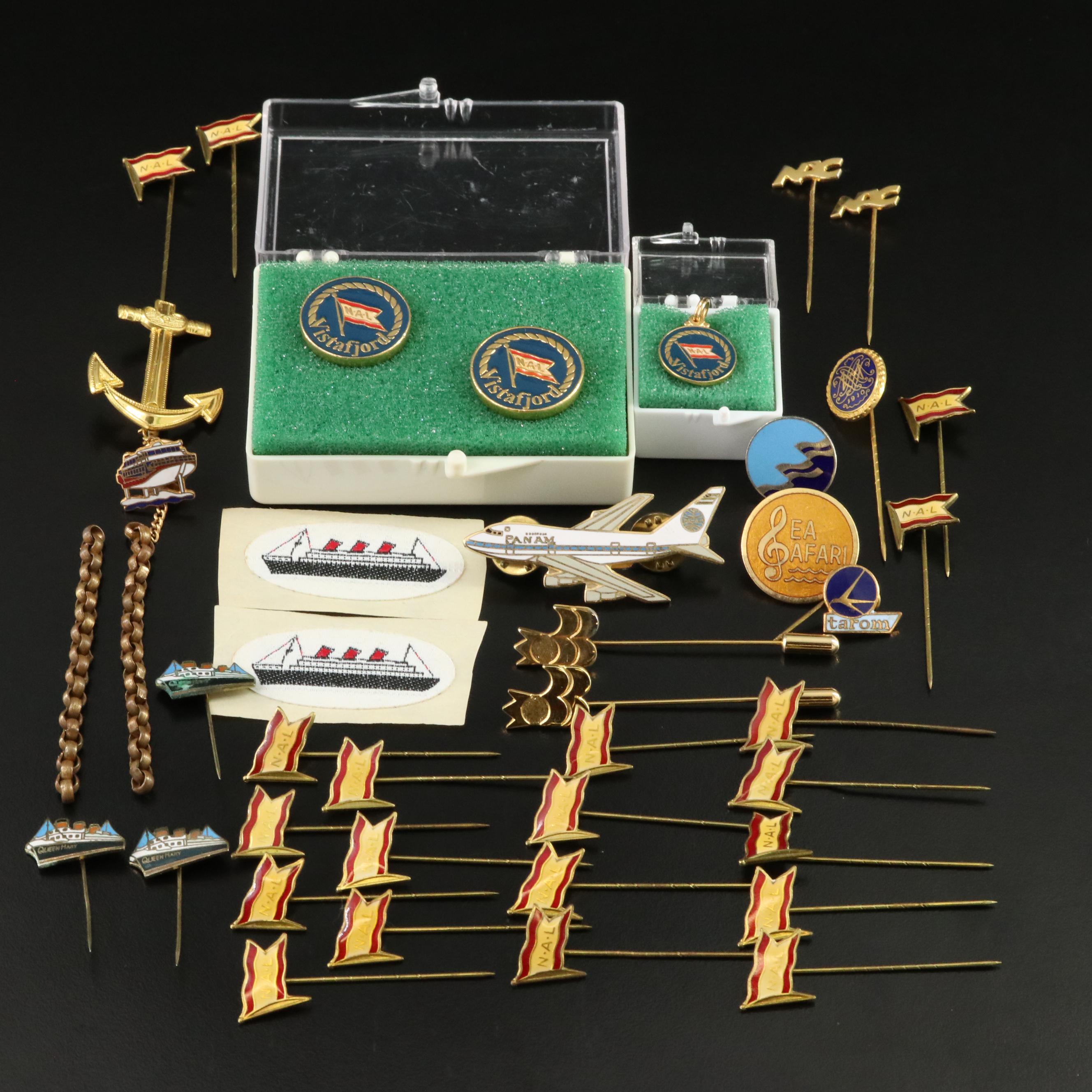 Collection of Souvenir Ship and Plane Pins, Pendants and Cufflinks