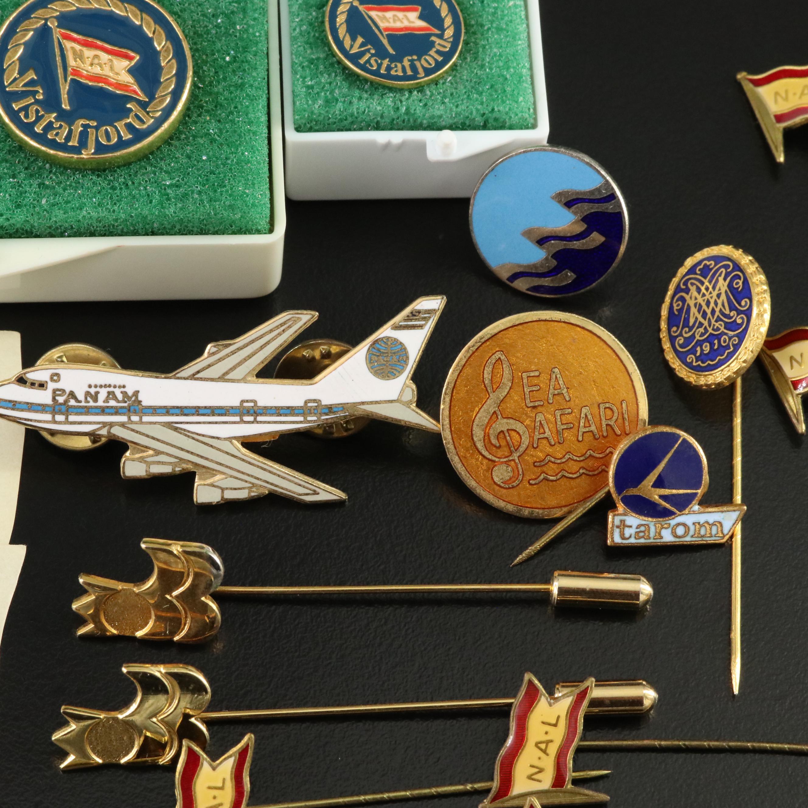 Collection of Souvenir Ship and Plane Pins, Pendants and Cufflinks