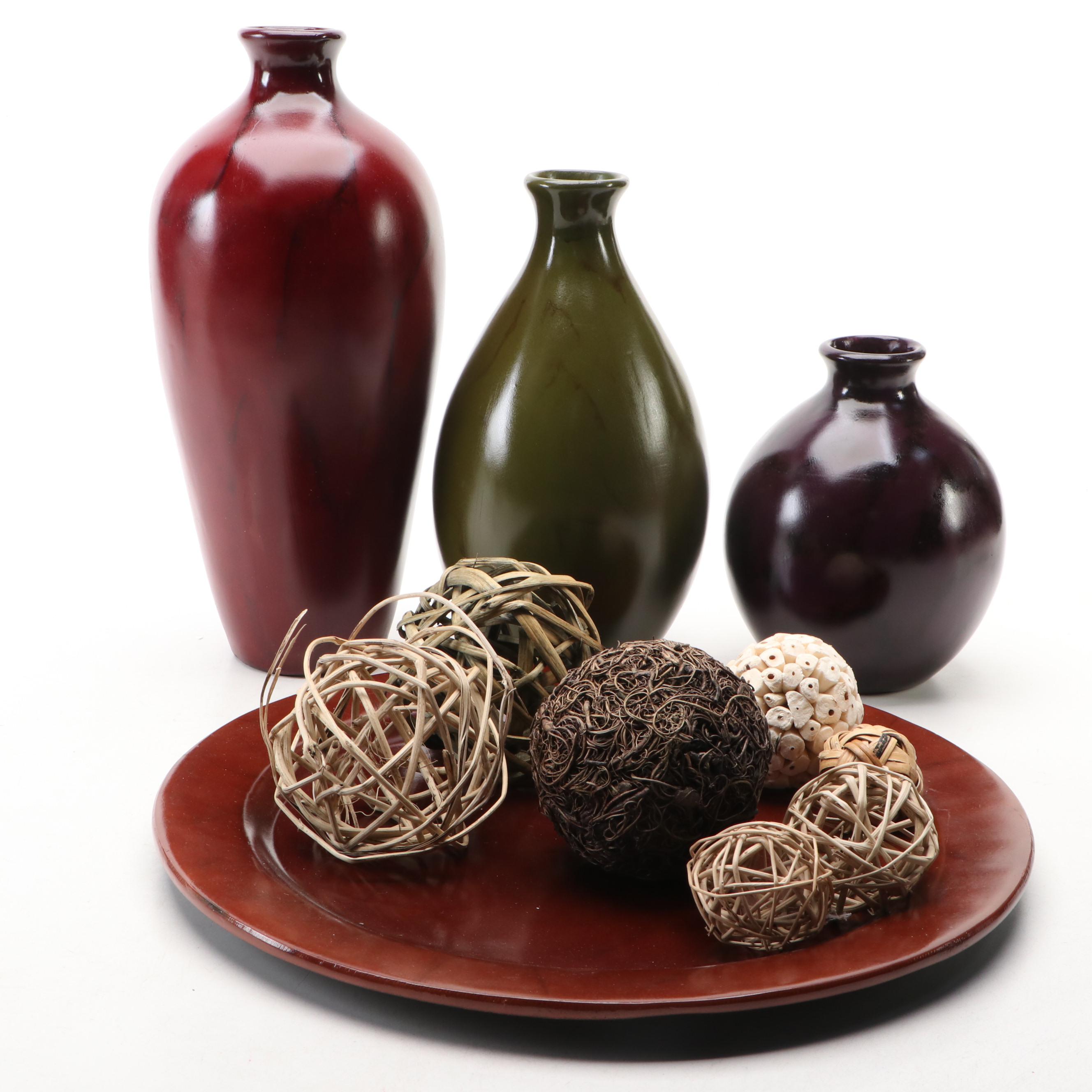 Contemporary Resin Vases with Chargers and Decorative Orbs