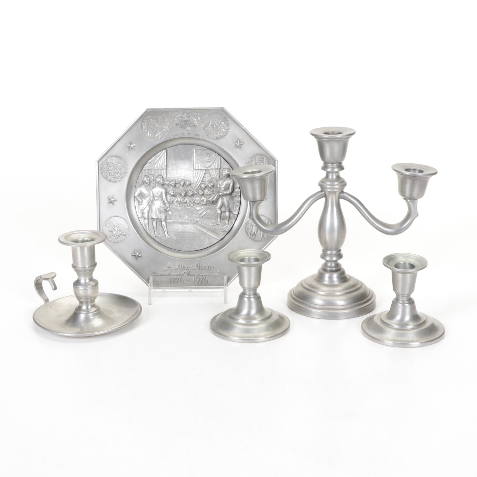 Pewter Bicentennial Commemorative Plate & Candle Holders