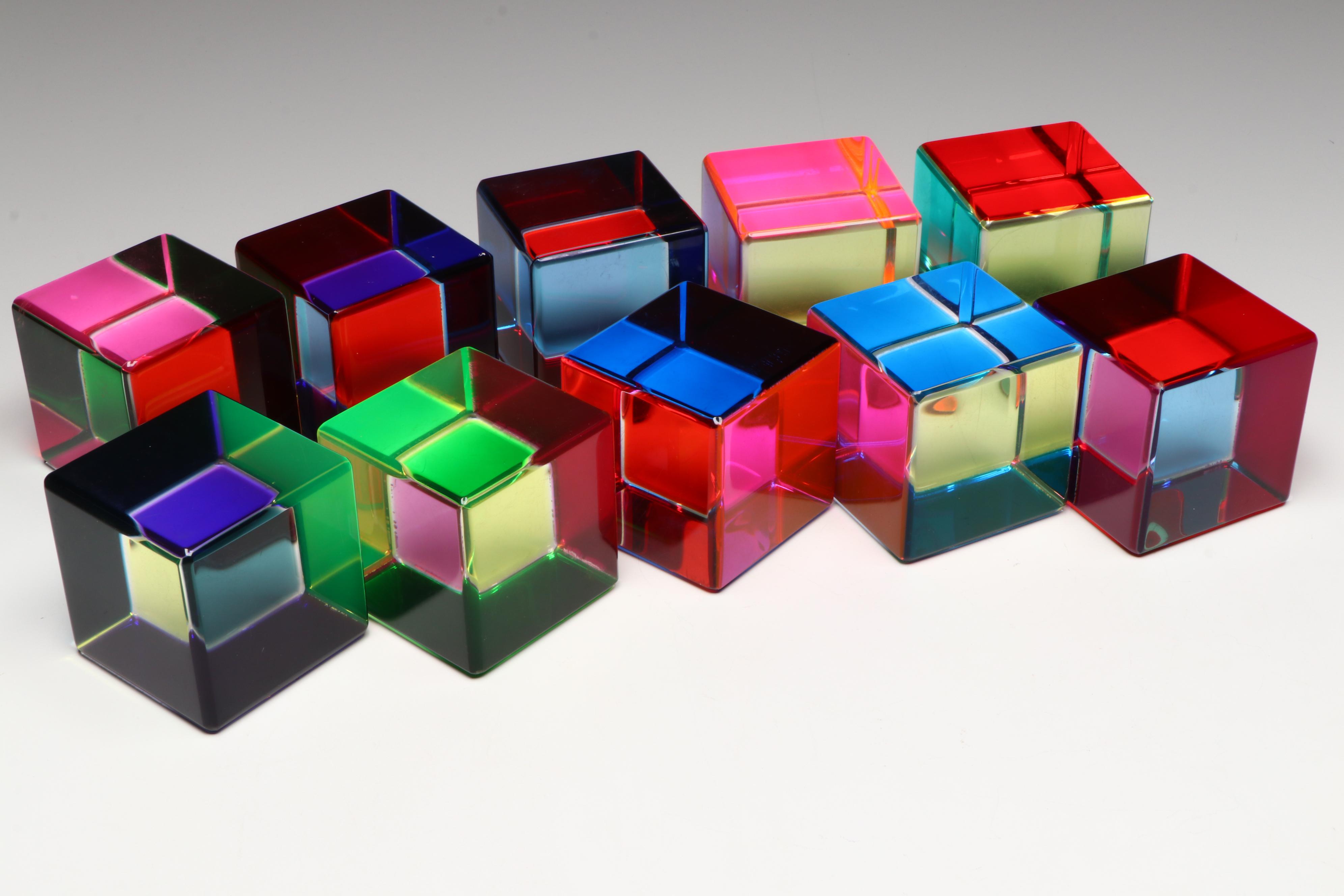 Vasa Velizar Mihich Signed Multicolor Acrylic Cubes, 1988