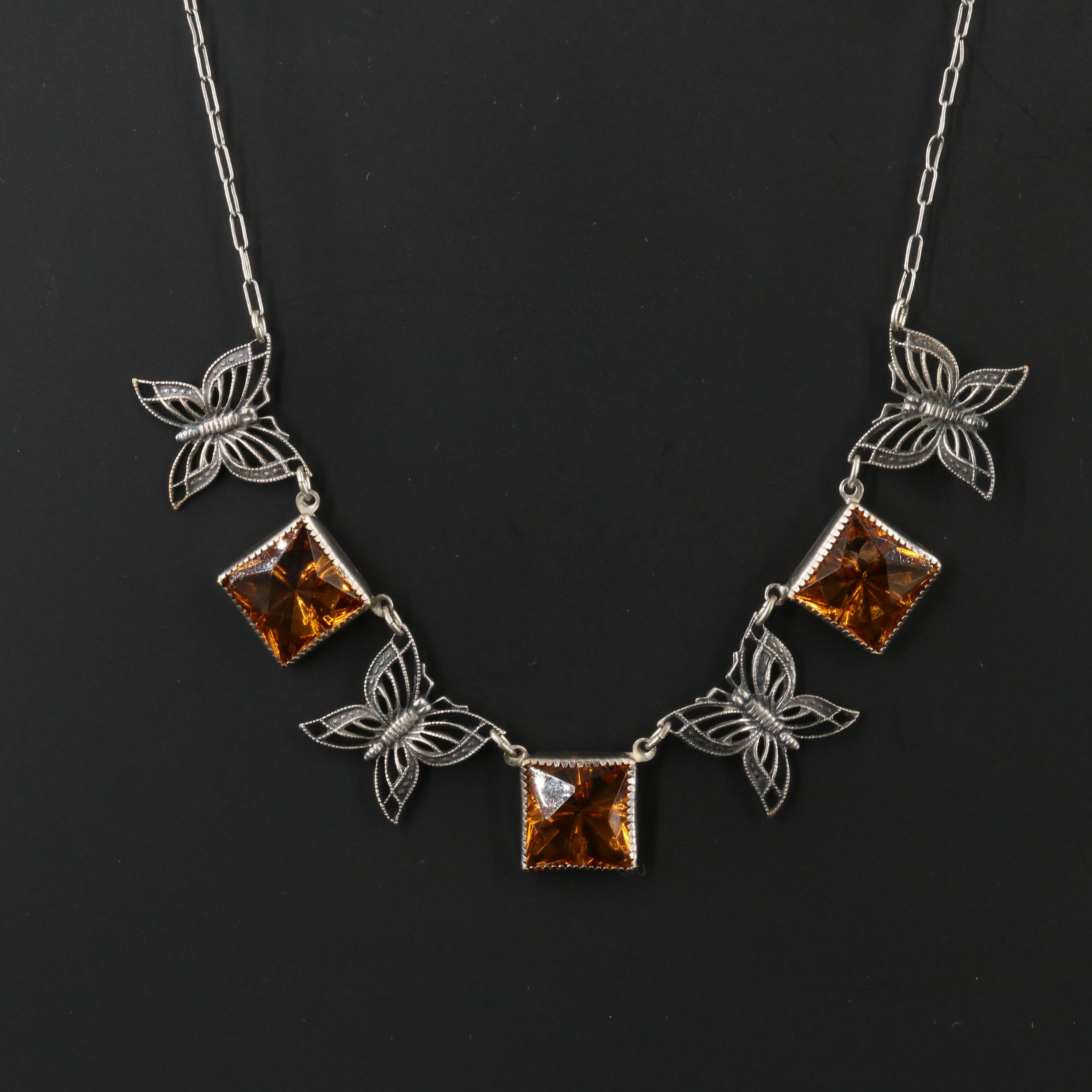 Art Deco Style Amber Glass Butterfly Necklace