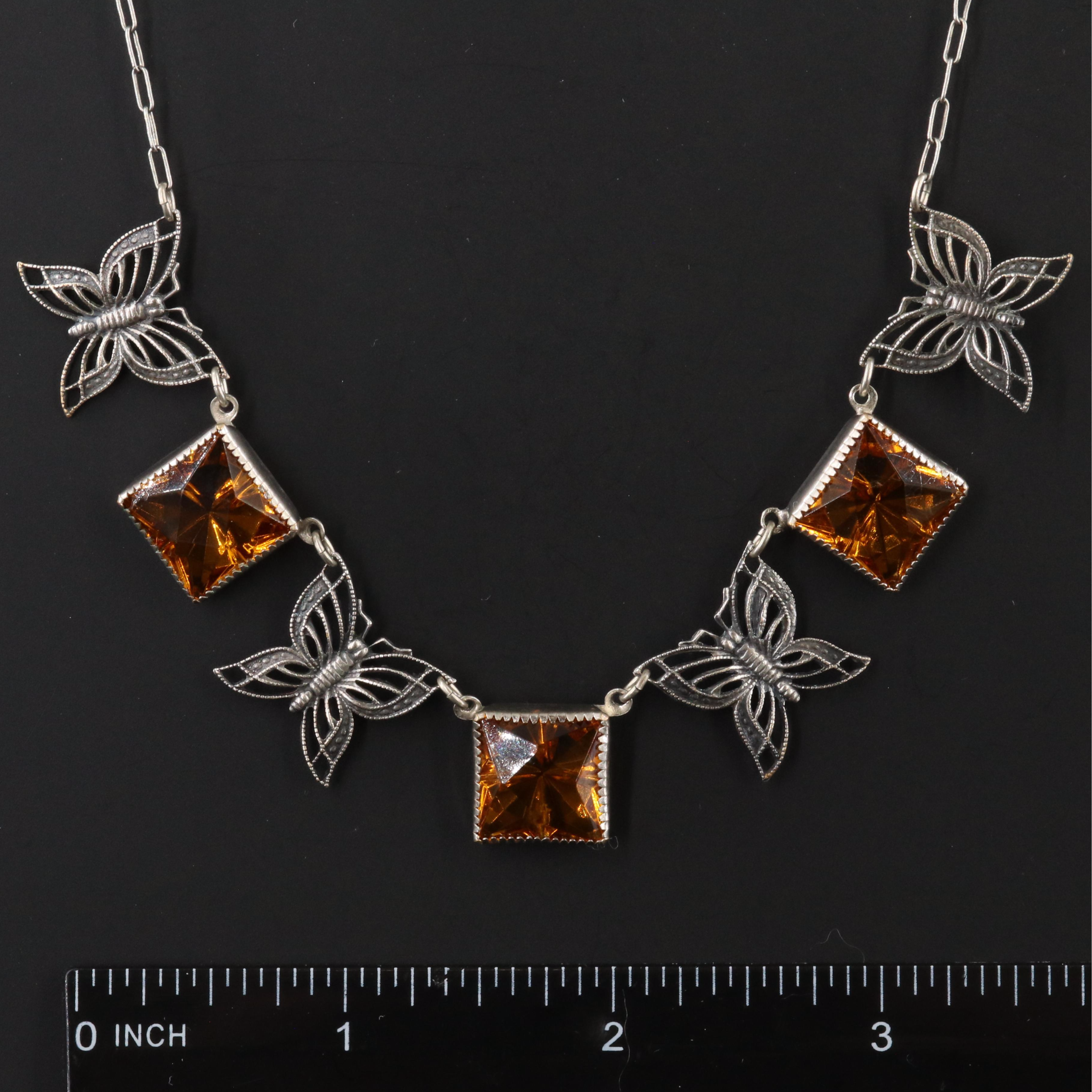 Art Deco Style Amber Glass Butterfly Necklace