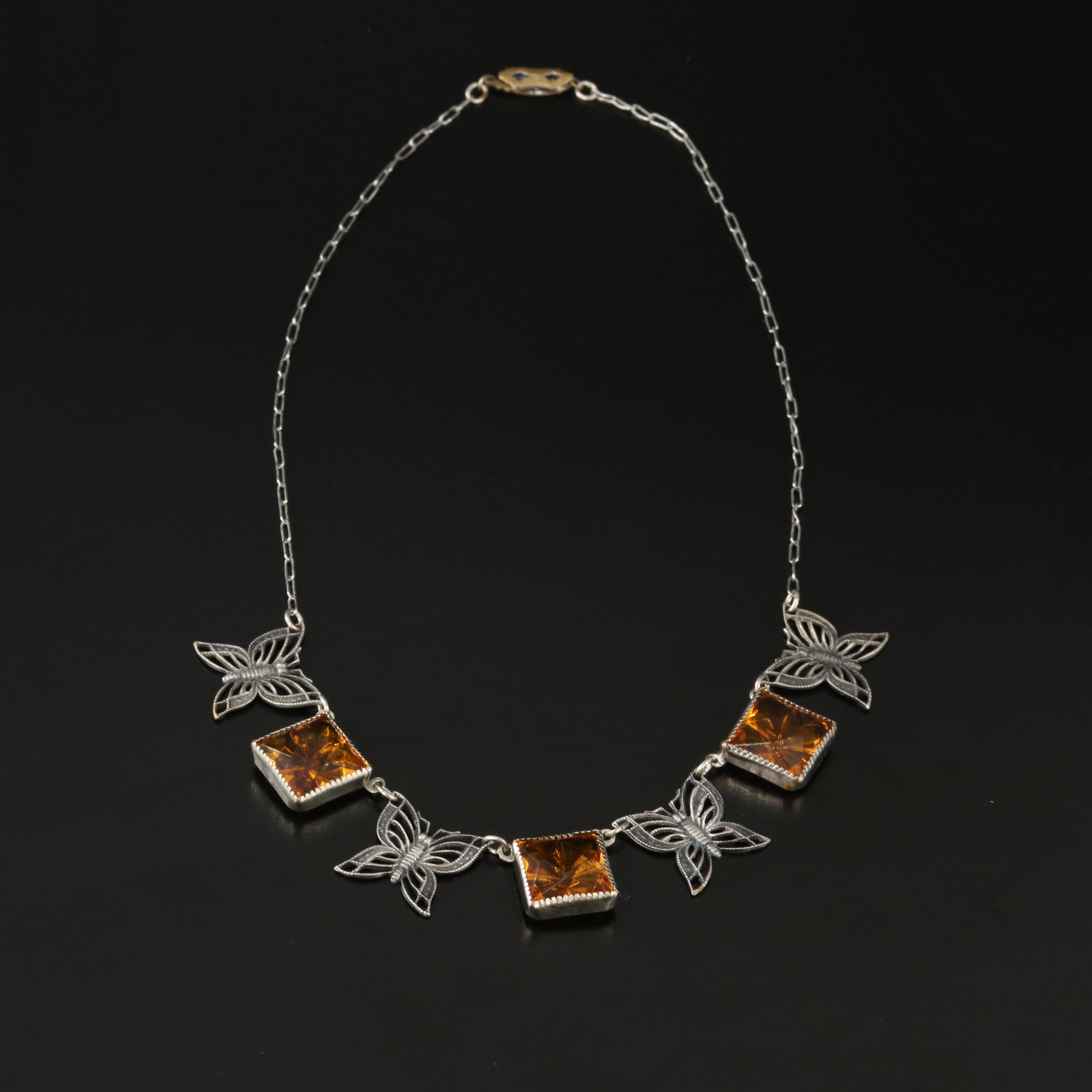 Art Deco Style Amber Glass Butterfly Necklace