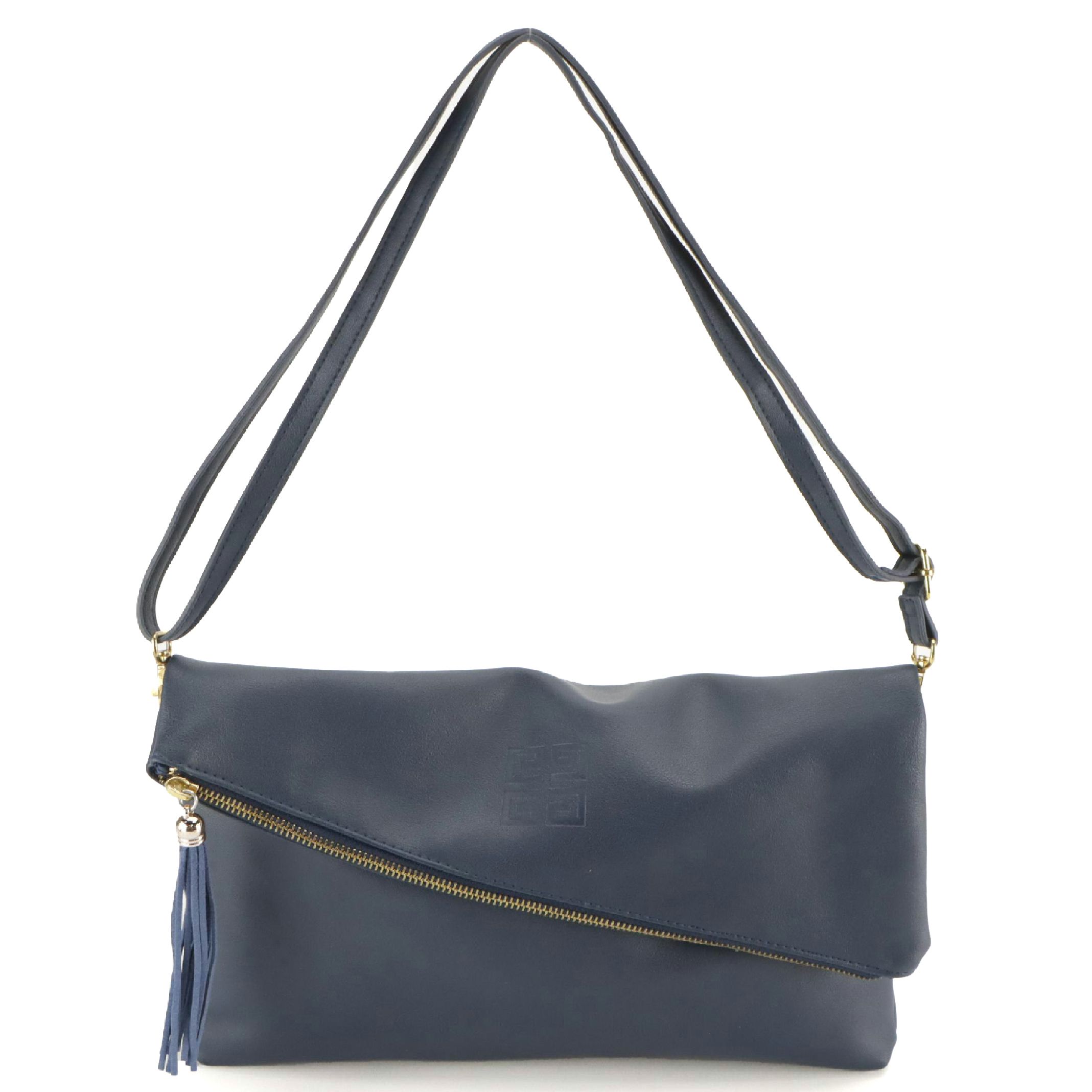Givenchy Logo Embossed Fold Over Convertible Tassel Bag in Navy Vegan Leather