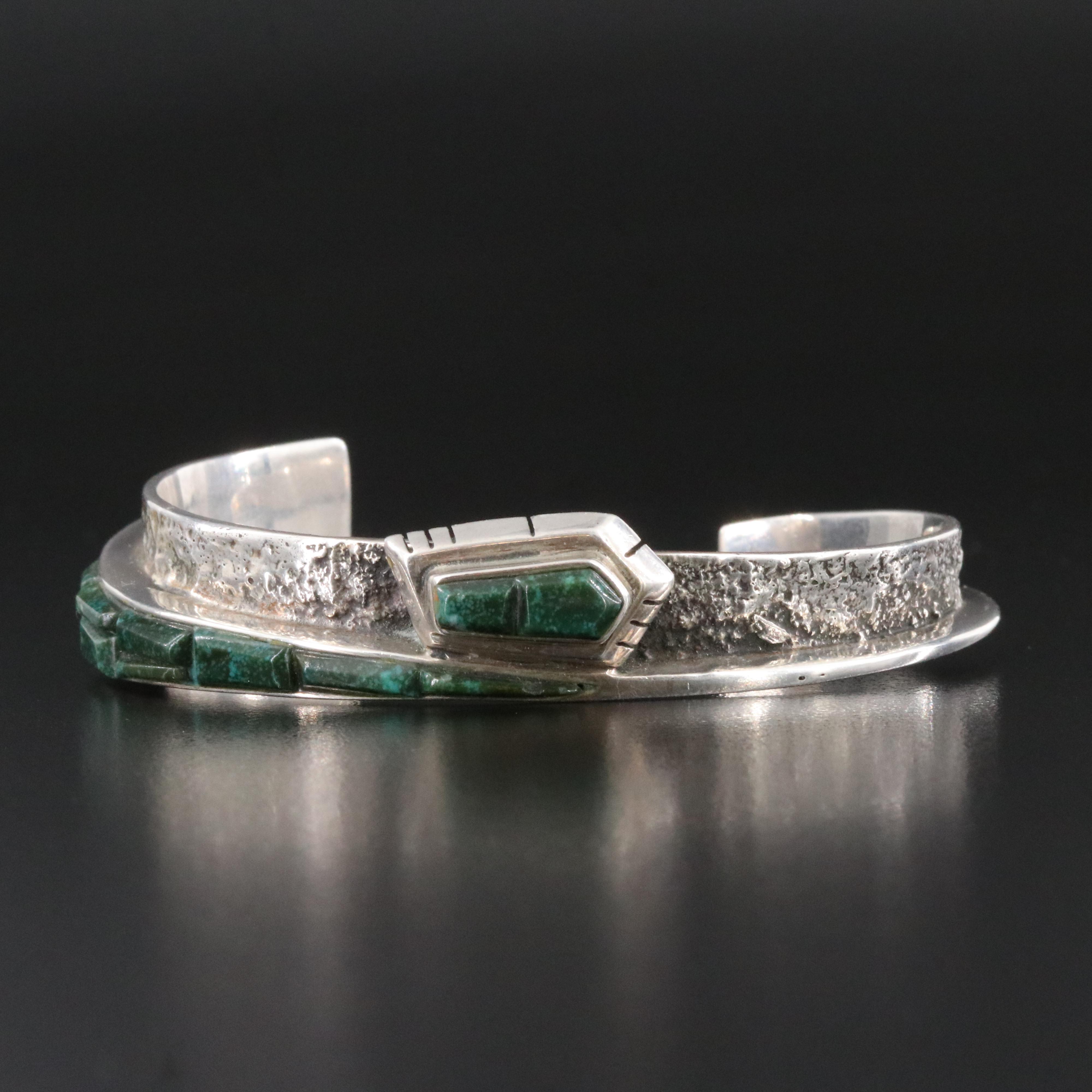 Southwestern Sterling Handmade Turquoise Inlay Tapered Bracelet