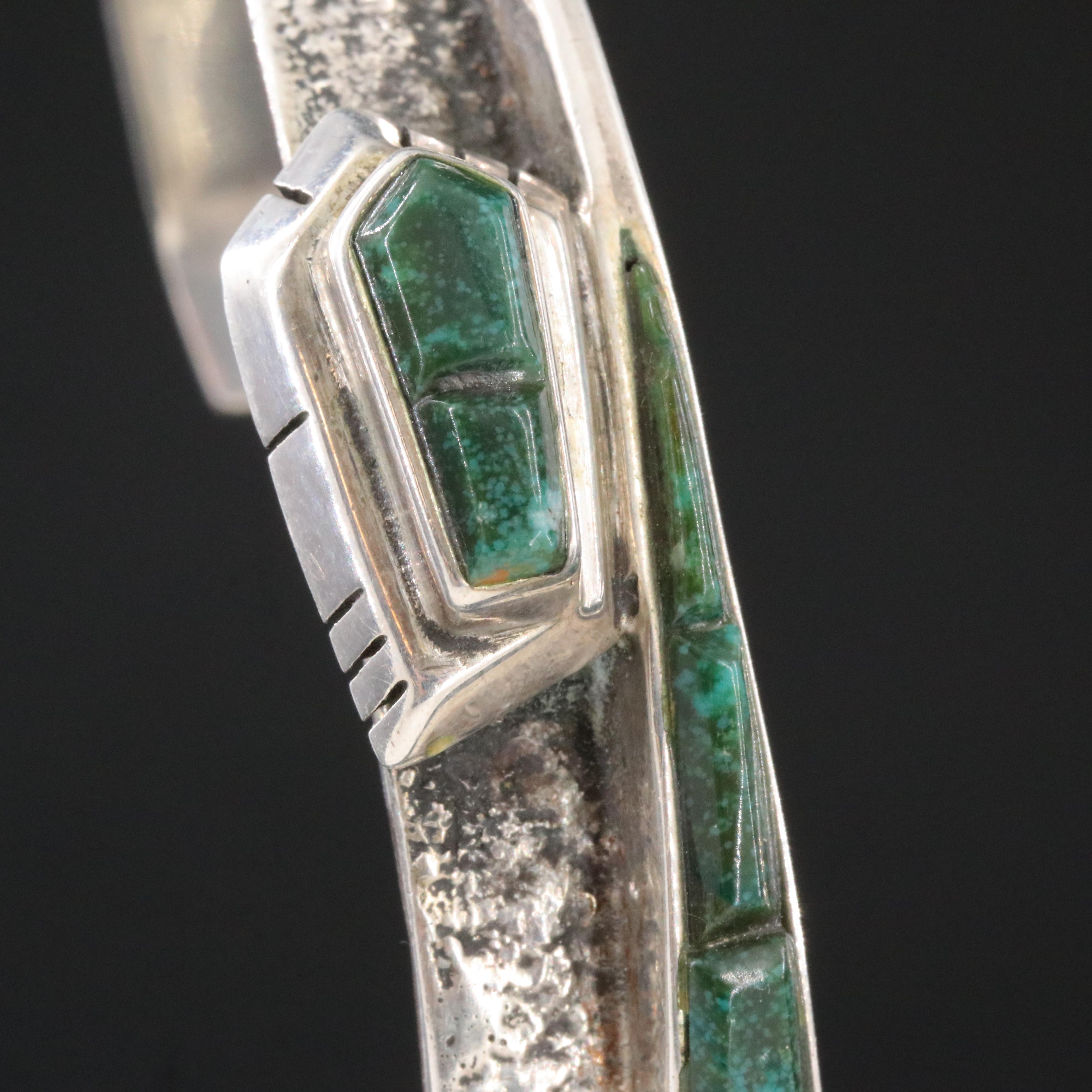 Southwestern Sterling Handmade Turquoise Inlay Tapered Bracelet