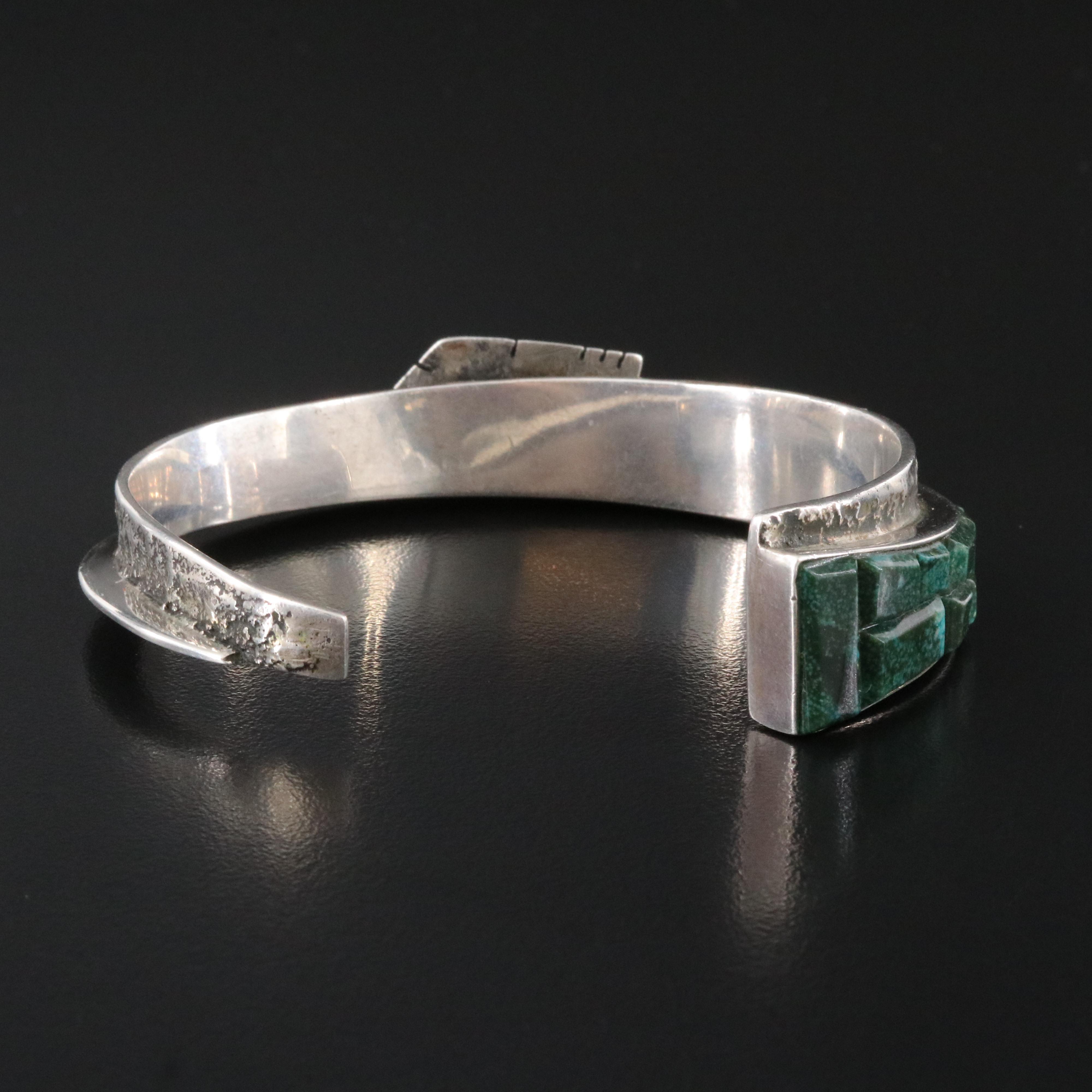 Southwestern Sterling Handmade Turquoise Inlay Tapered Bracelet