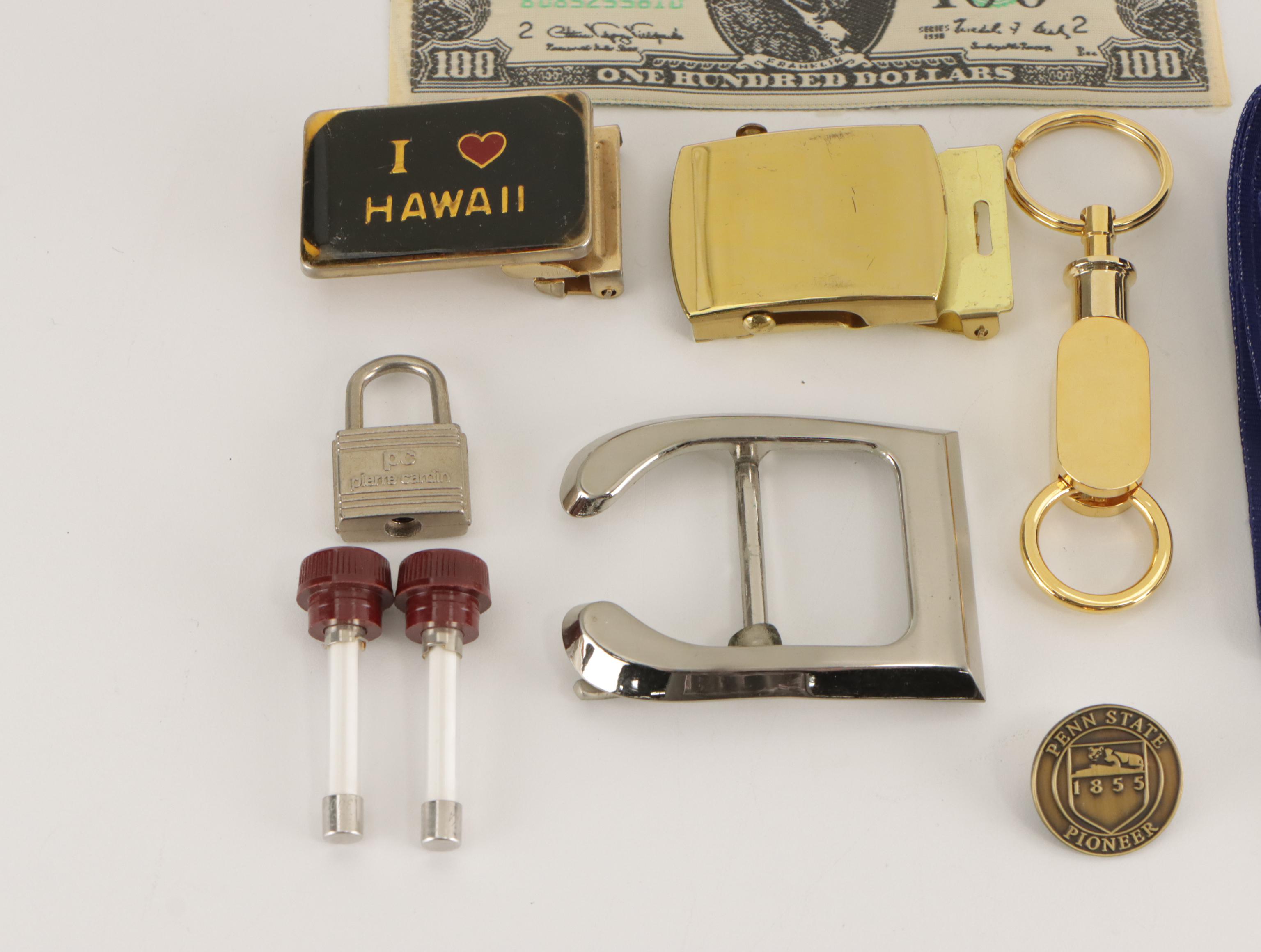 Vintage Belt Buckles, Pierre Cardin Keys & Padlock, Harrod's Keychain, and More
