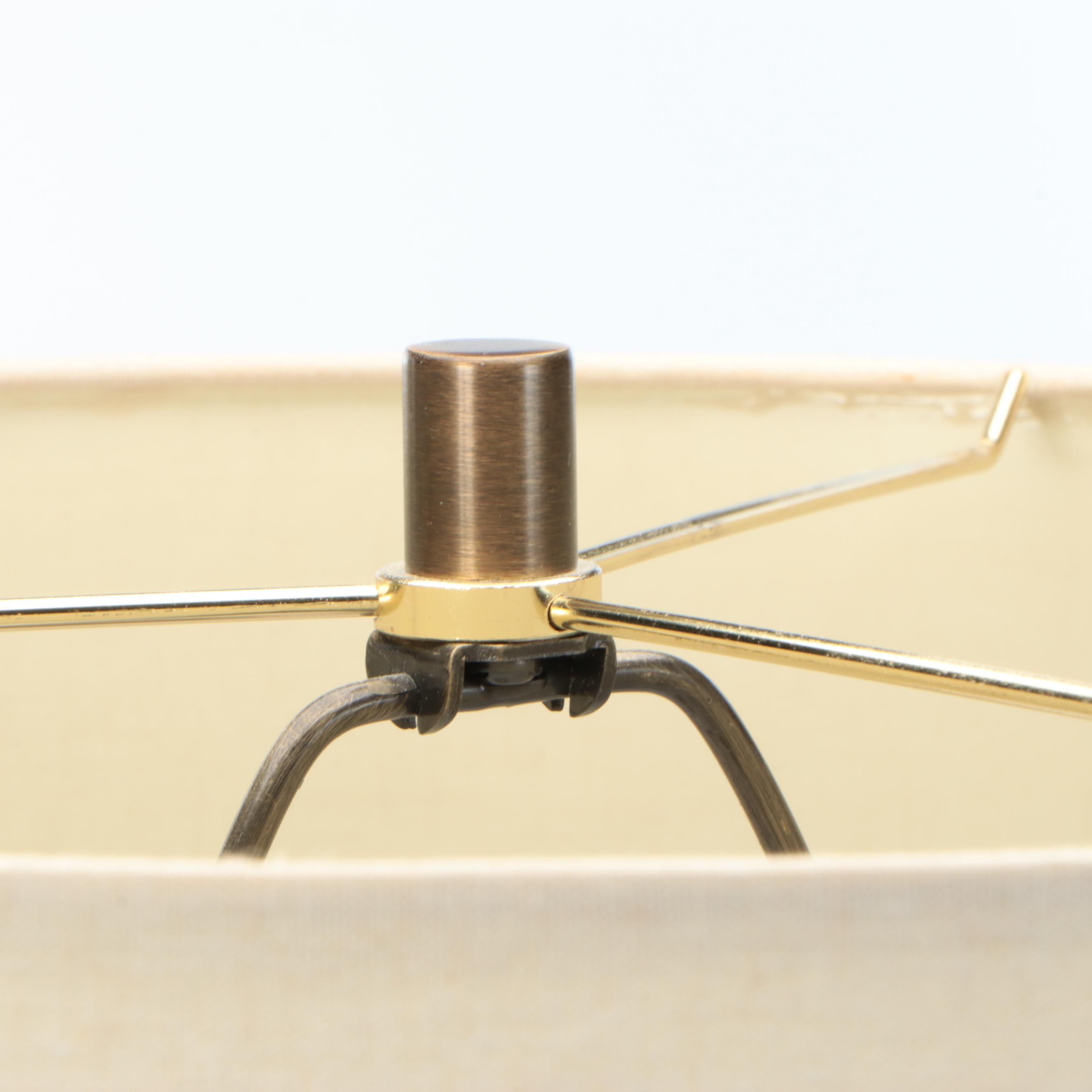 Pair of Glass and Bronzed Resin Pillar Table Lamps with Drum Shades