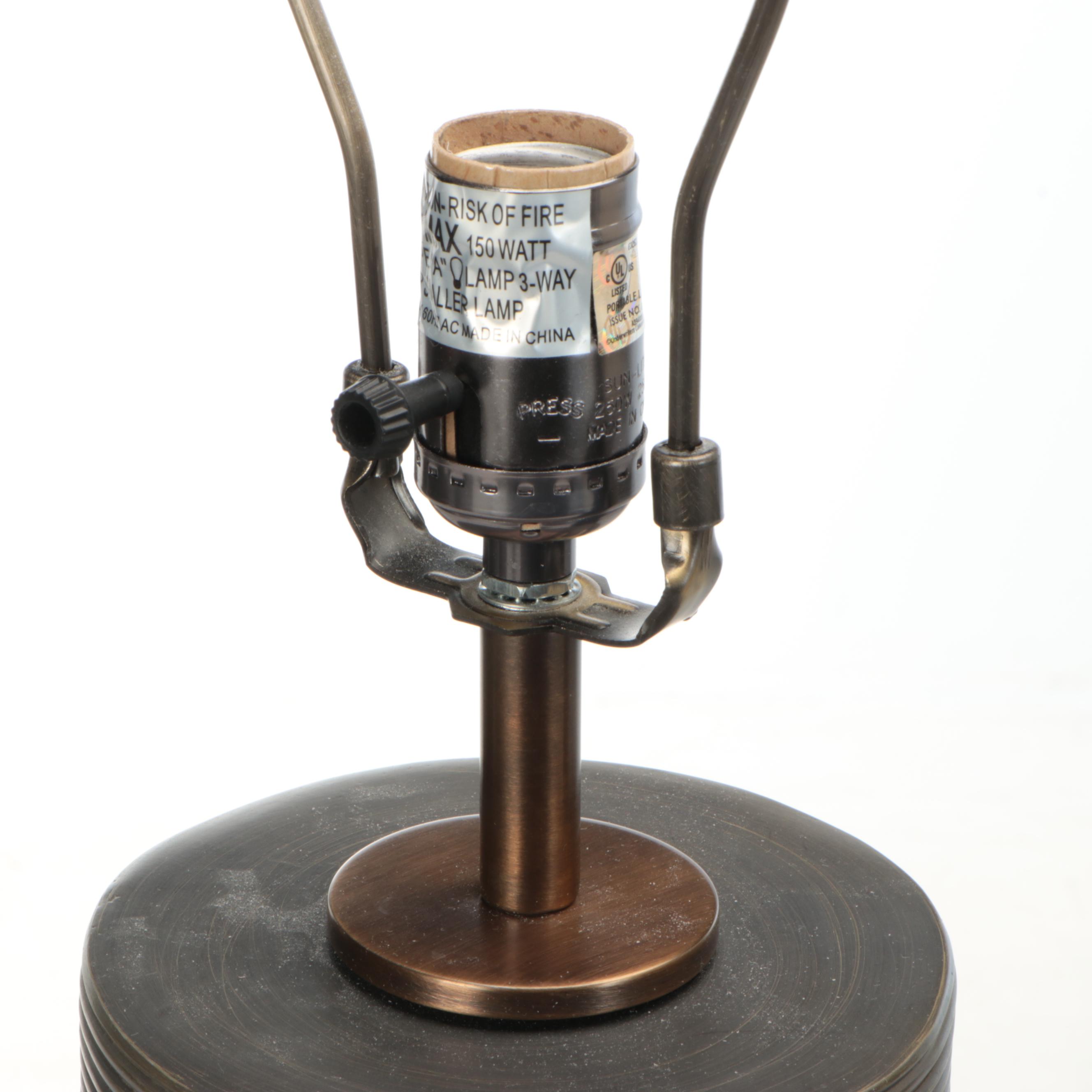 Pair of Glass and Bronzed Resin Pillar Table Lamps with Drum Shades