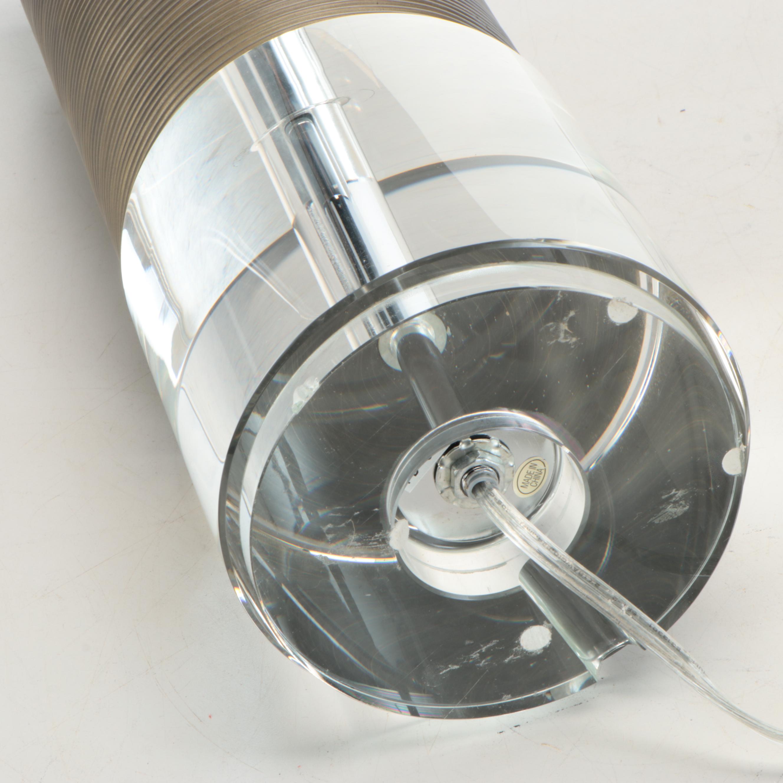 Pair of Glass and Bronzed Resin Pillar Table Lamps with Drum Shades