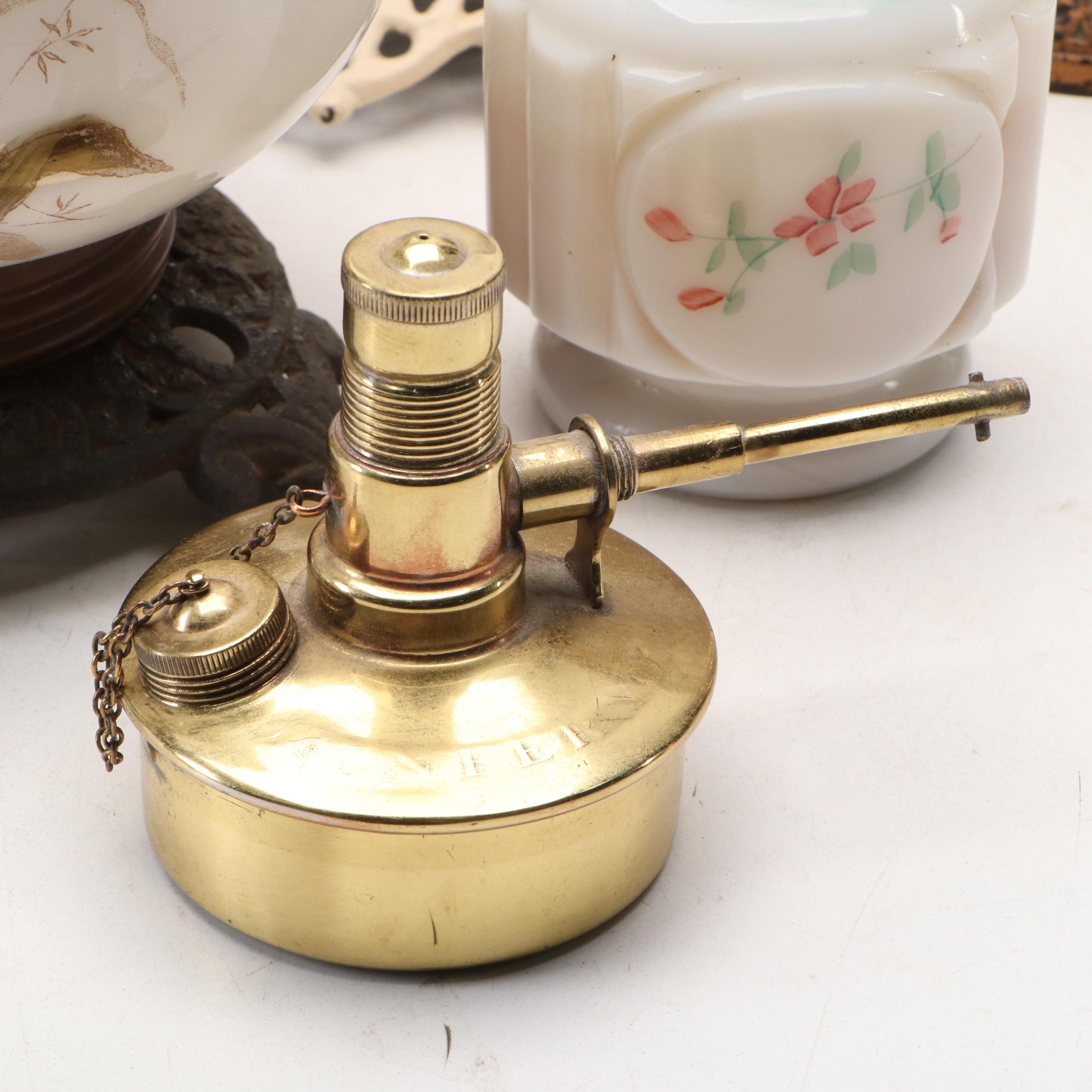 Porcelain & Glass Kerosene Lamps, S. Sternau Brass Sterno and Table Lamp