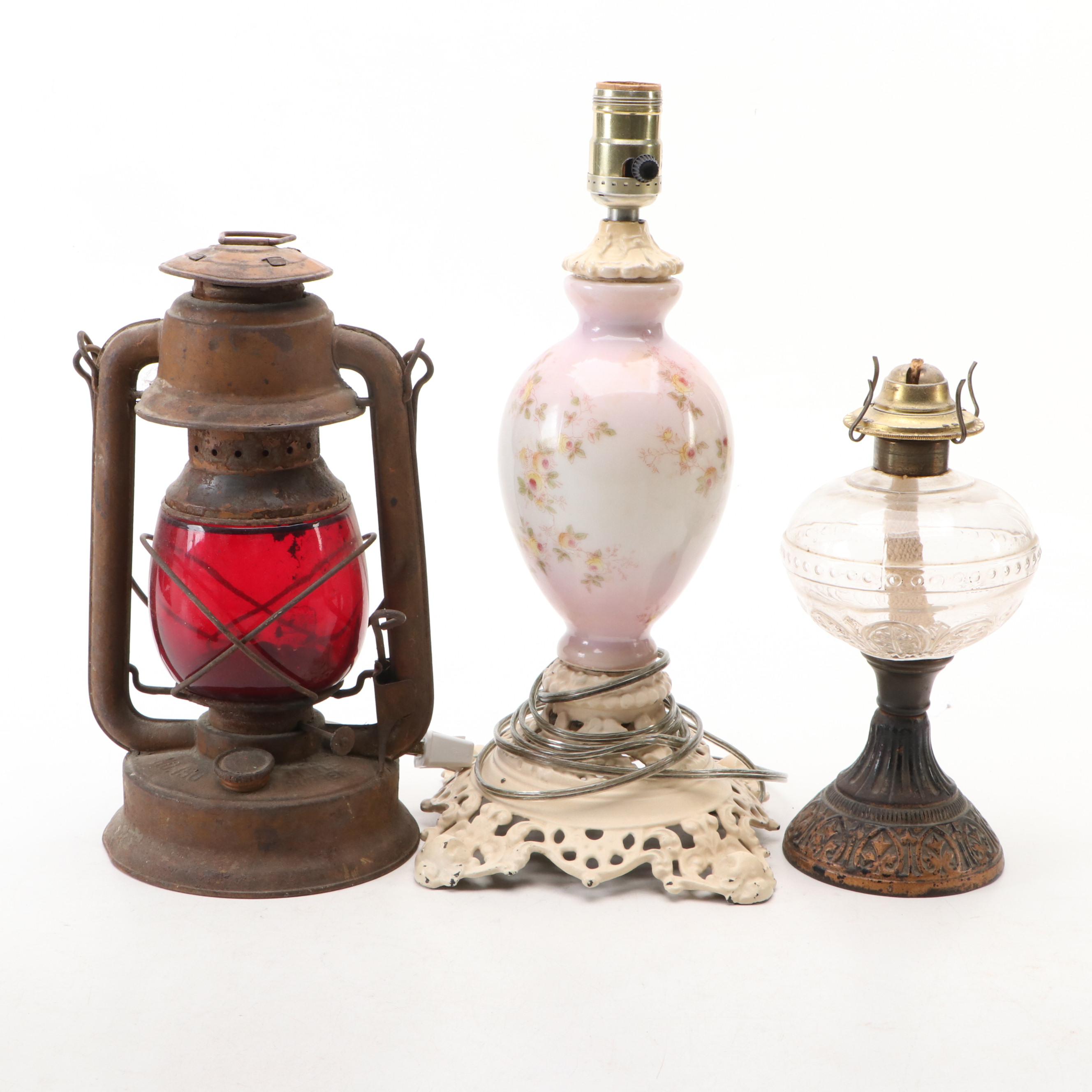 Porcelain & Glass Kerosene Lamps, S. Sternau Brass Sterno and Table Lamp