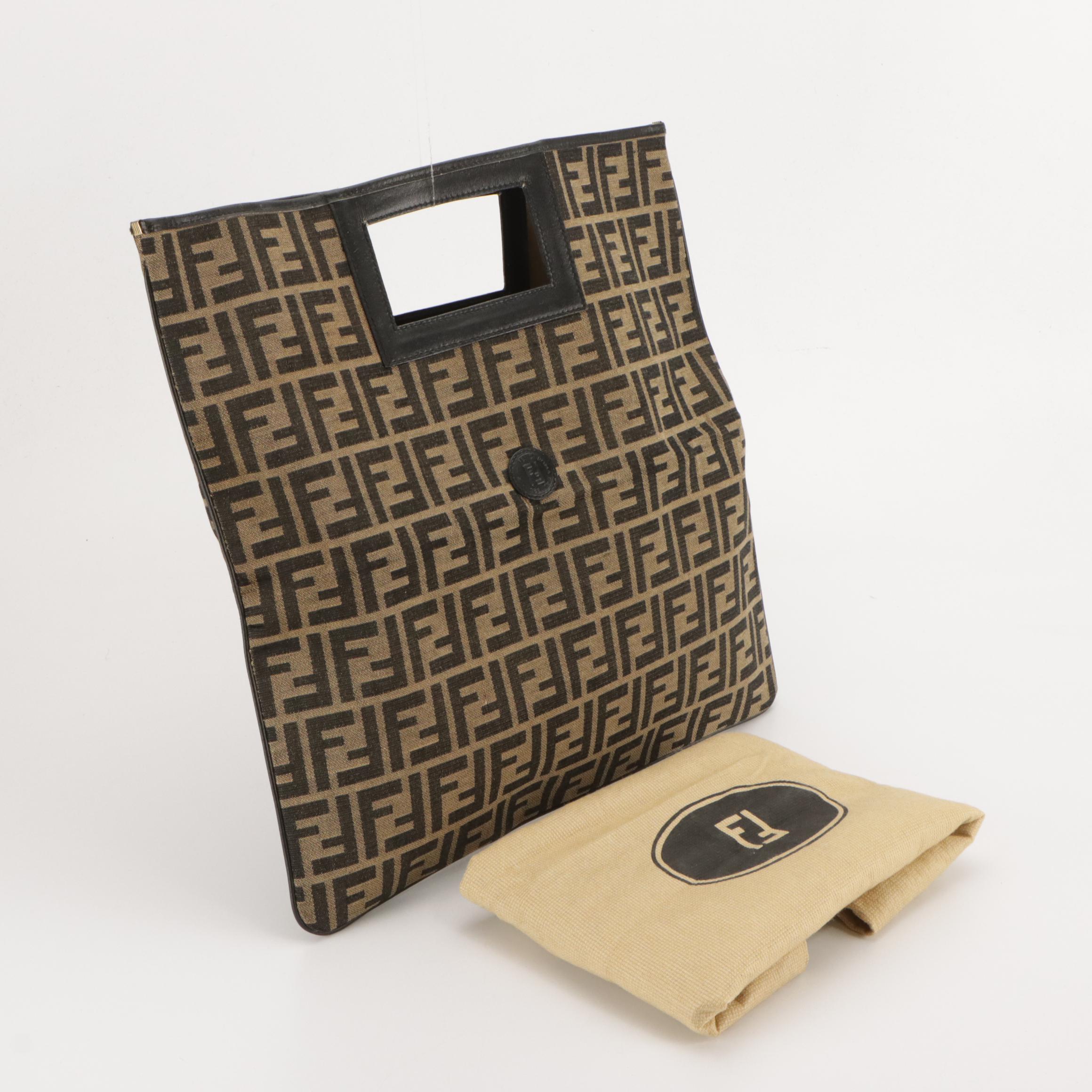 Fendi Vintage Flat Handlebar Bag in Zucca Nylon Canvas and Leather Trim