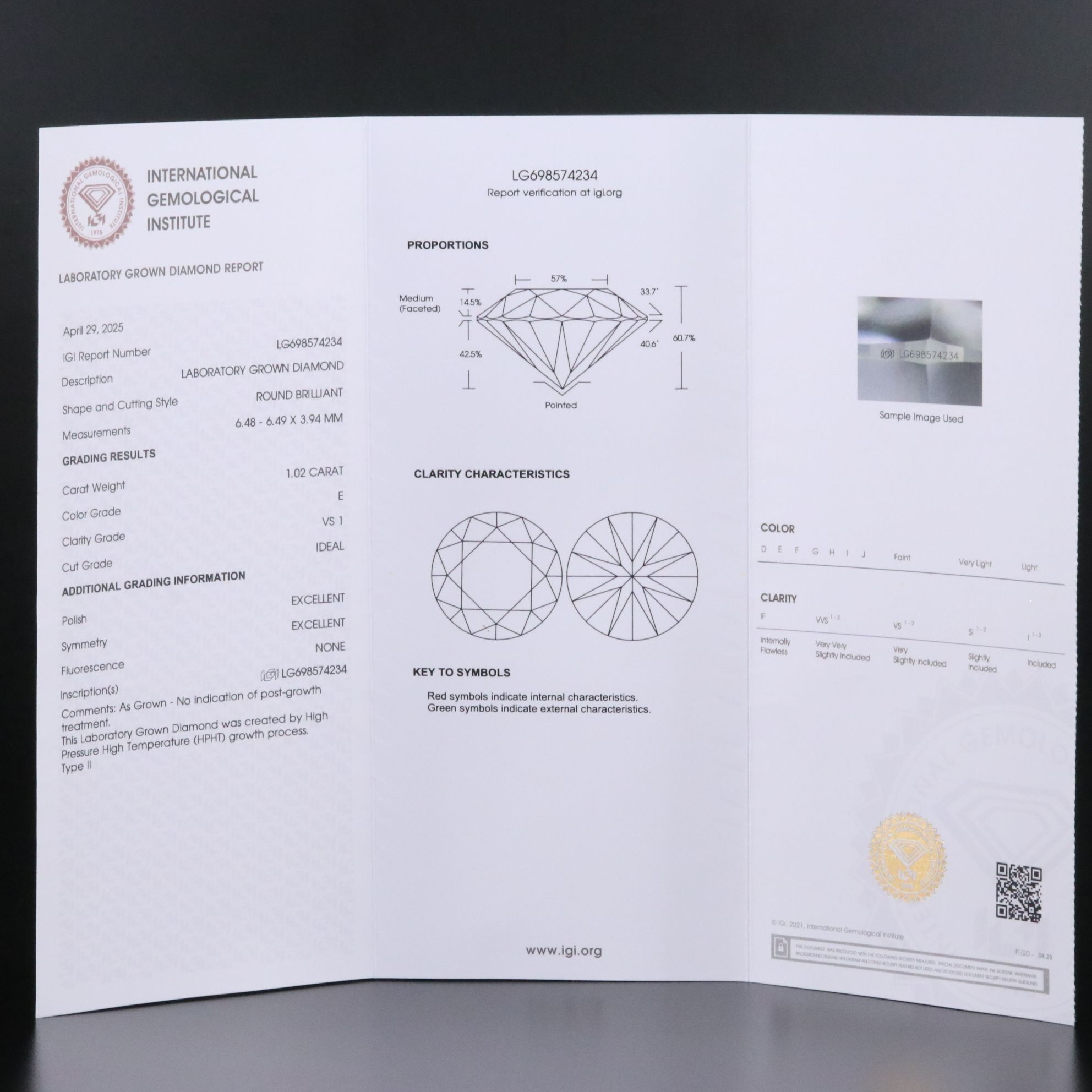 14K 1.02 CT Lab Grown Diamond Solitaire Pendant Necklace with IGI Report