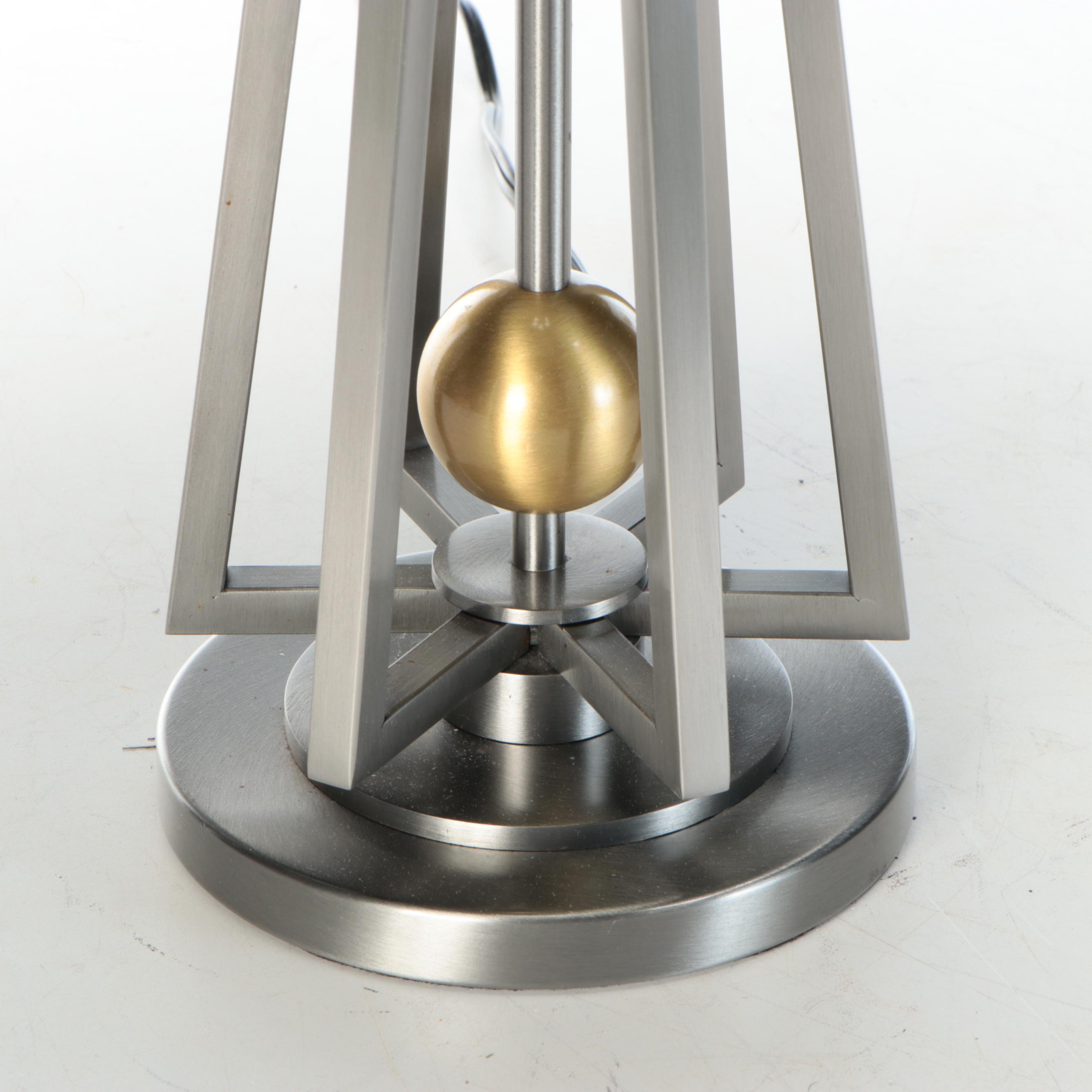 Postmodern Satin Pewter and Gold Finish Table Lamp with Dark Cotton Shade