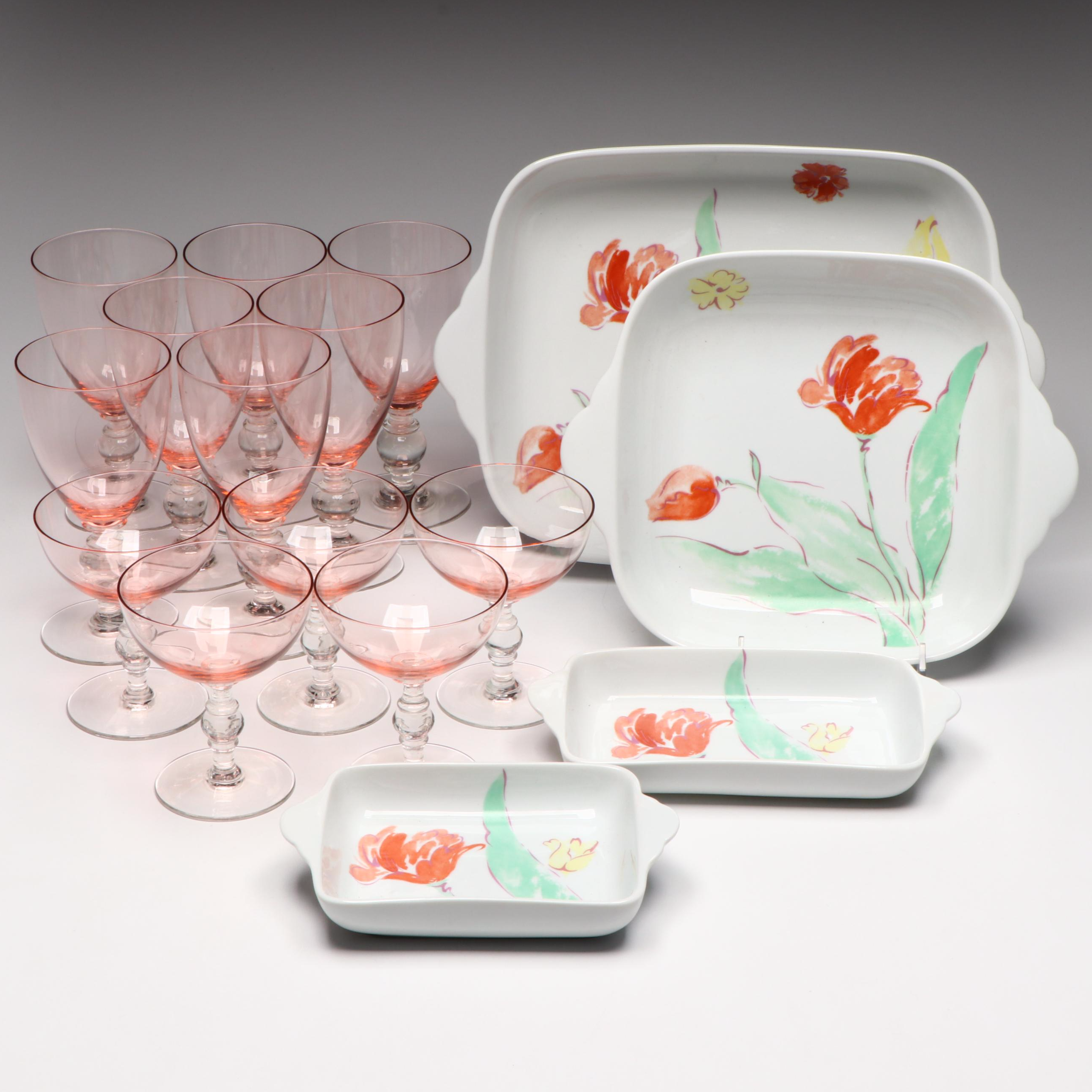 Pink Glass Water Glasses and Cocktail Coupes with Fair winds Porcelain Serveware