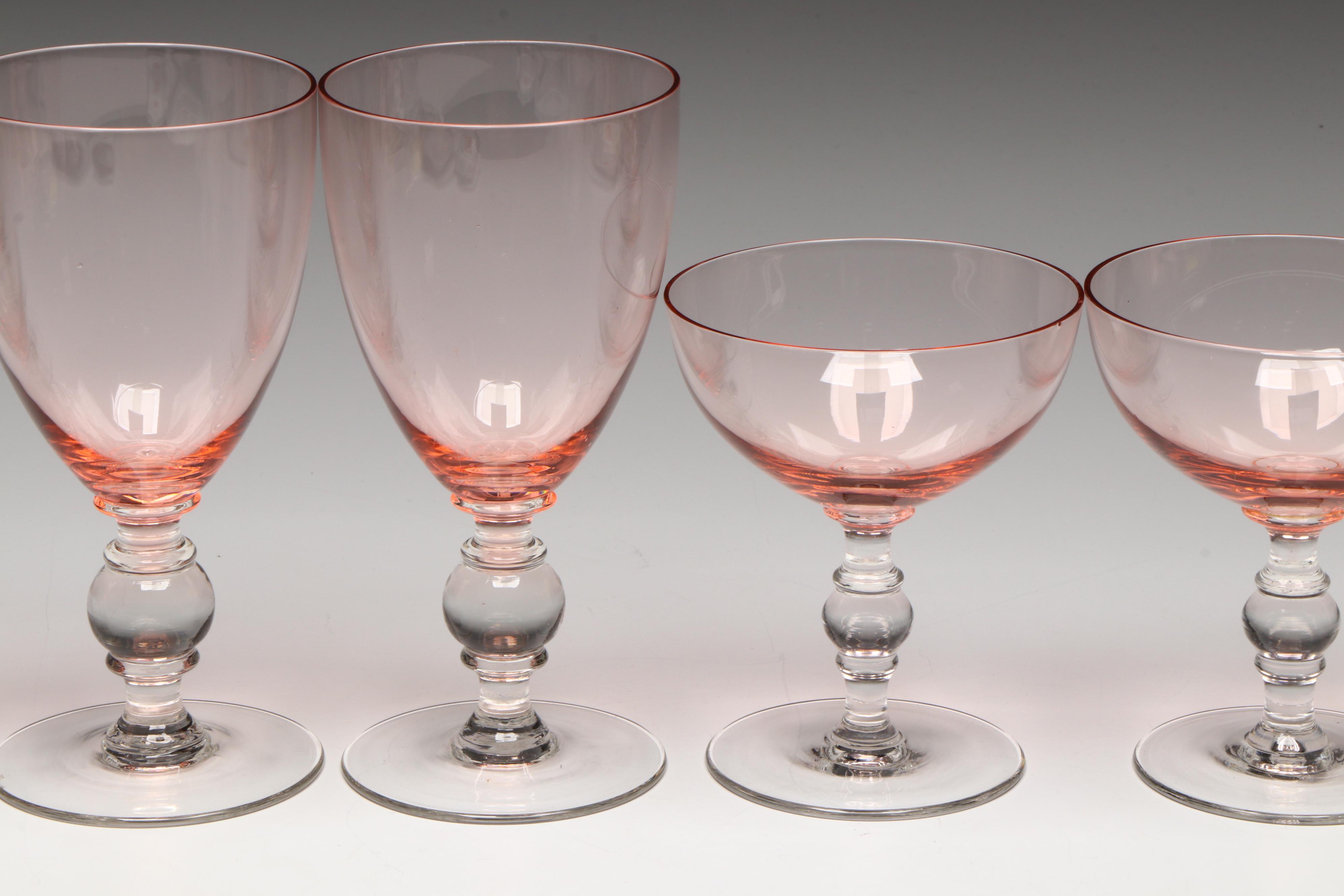Pink Glass Water Glasses and Cocktail Coupes with Fair winds Porcelain Serveware