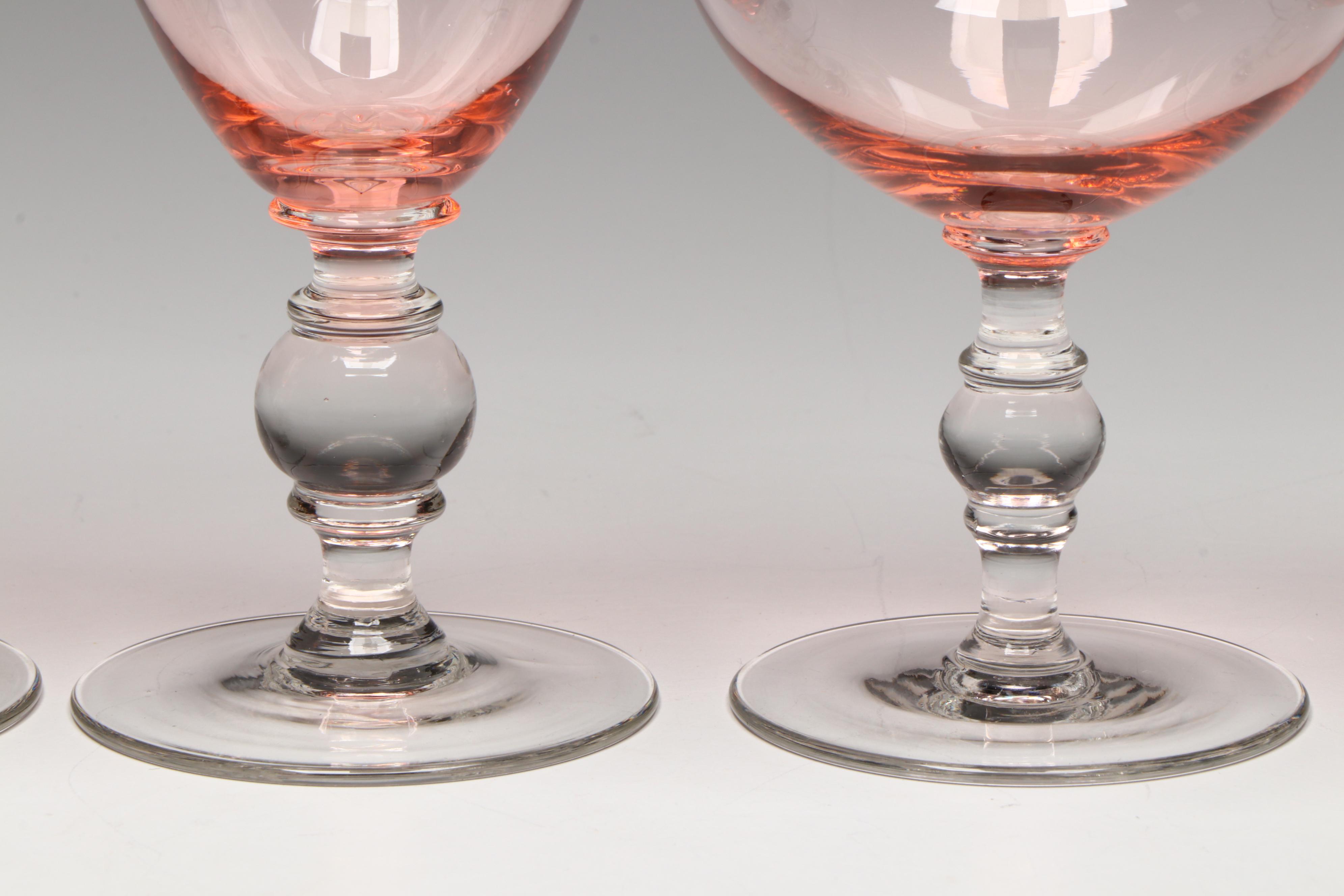 Pink Glass Water Glasses and Cocktail Coupes with Fair winds Porcelain Serveware