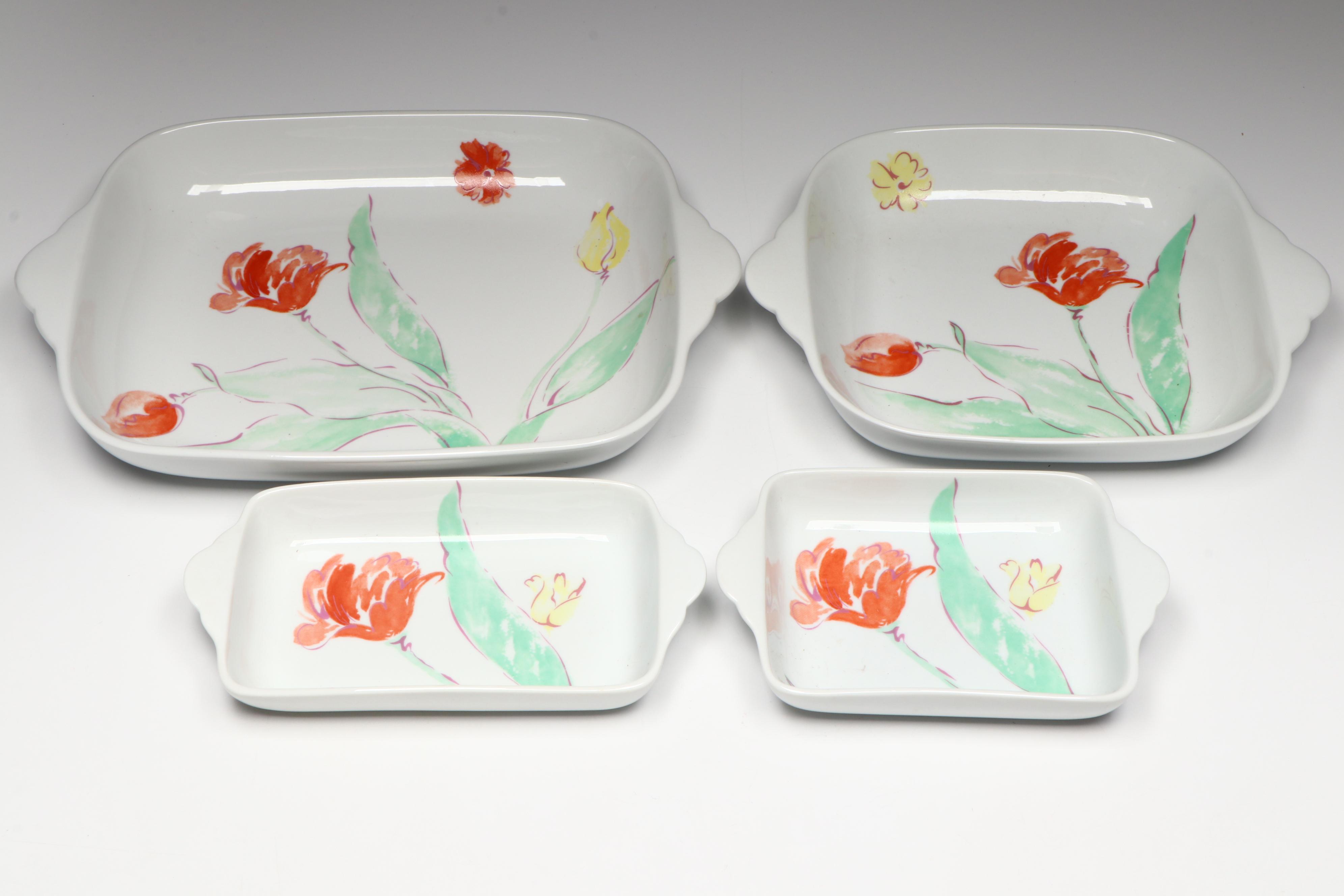 Pink Glass Water Glasses and Cocktail Coupes with Fair winds Porcelain Serveware