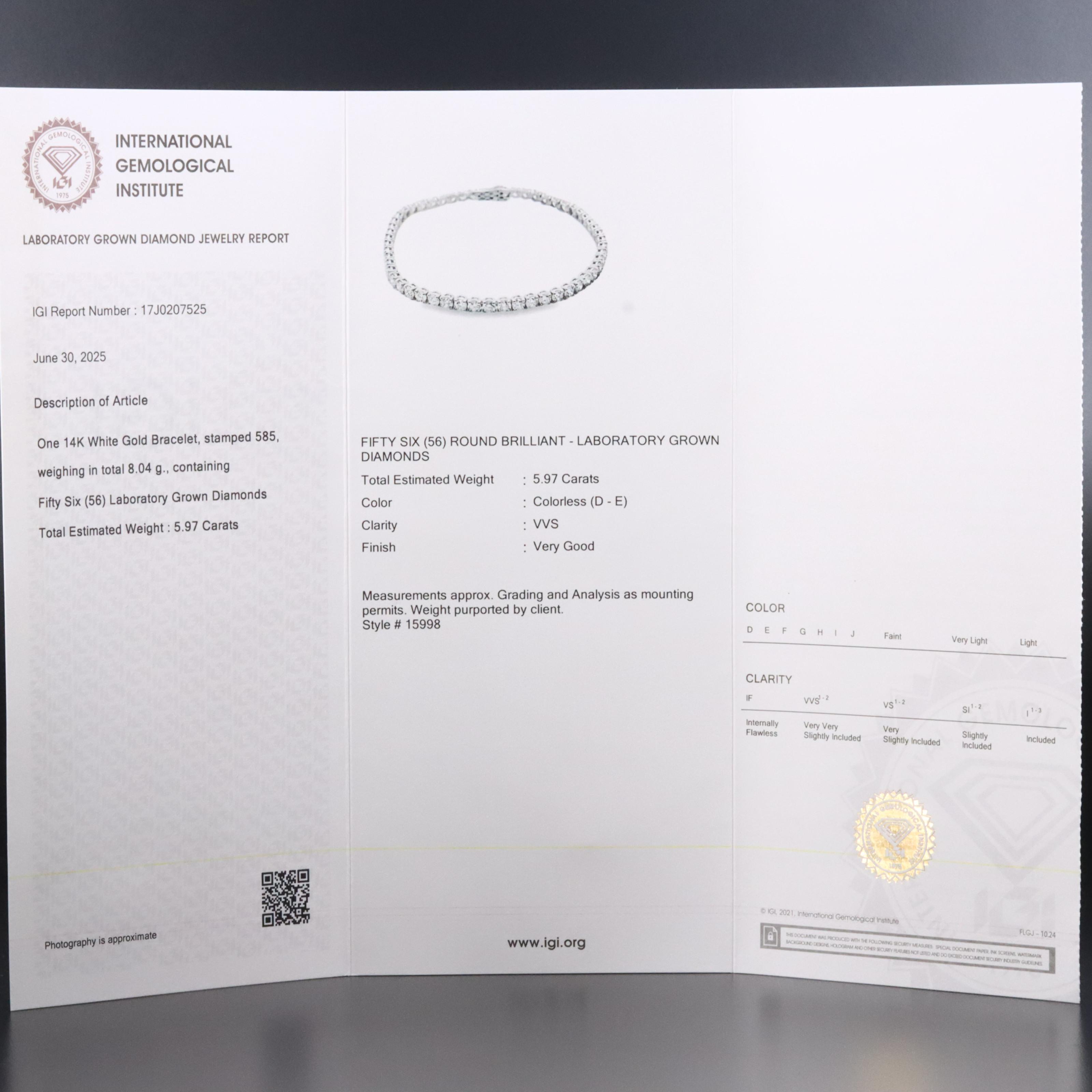 14K 5.97 CTW Lab Grown Diamond Bracelet with IGI Report