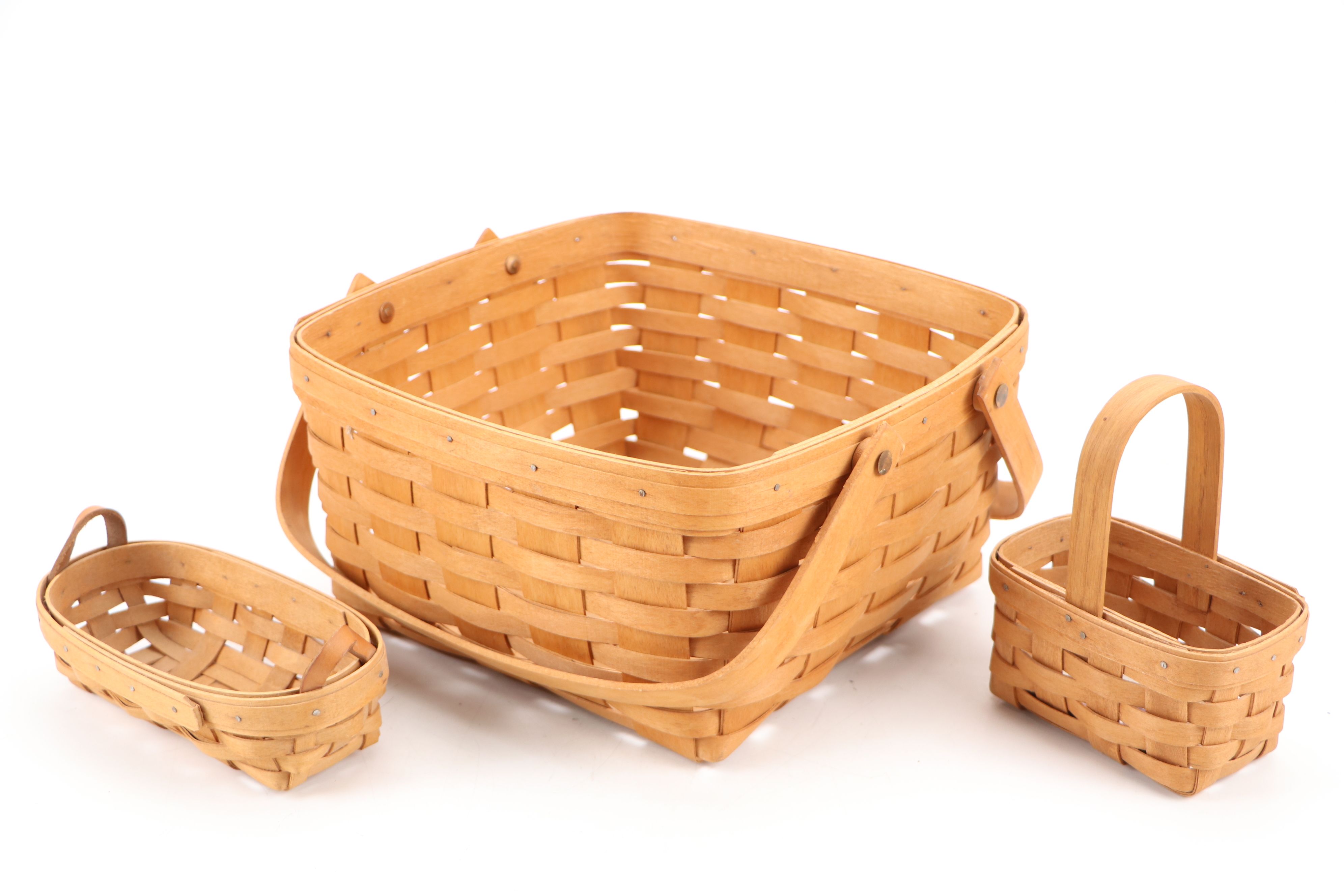 Longaberger Splint Wood Woven Baskets with Collectors Club Picnic Basket