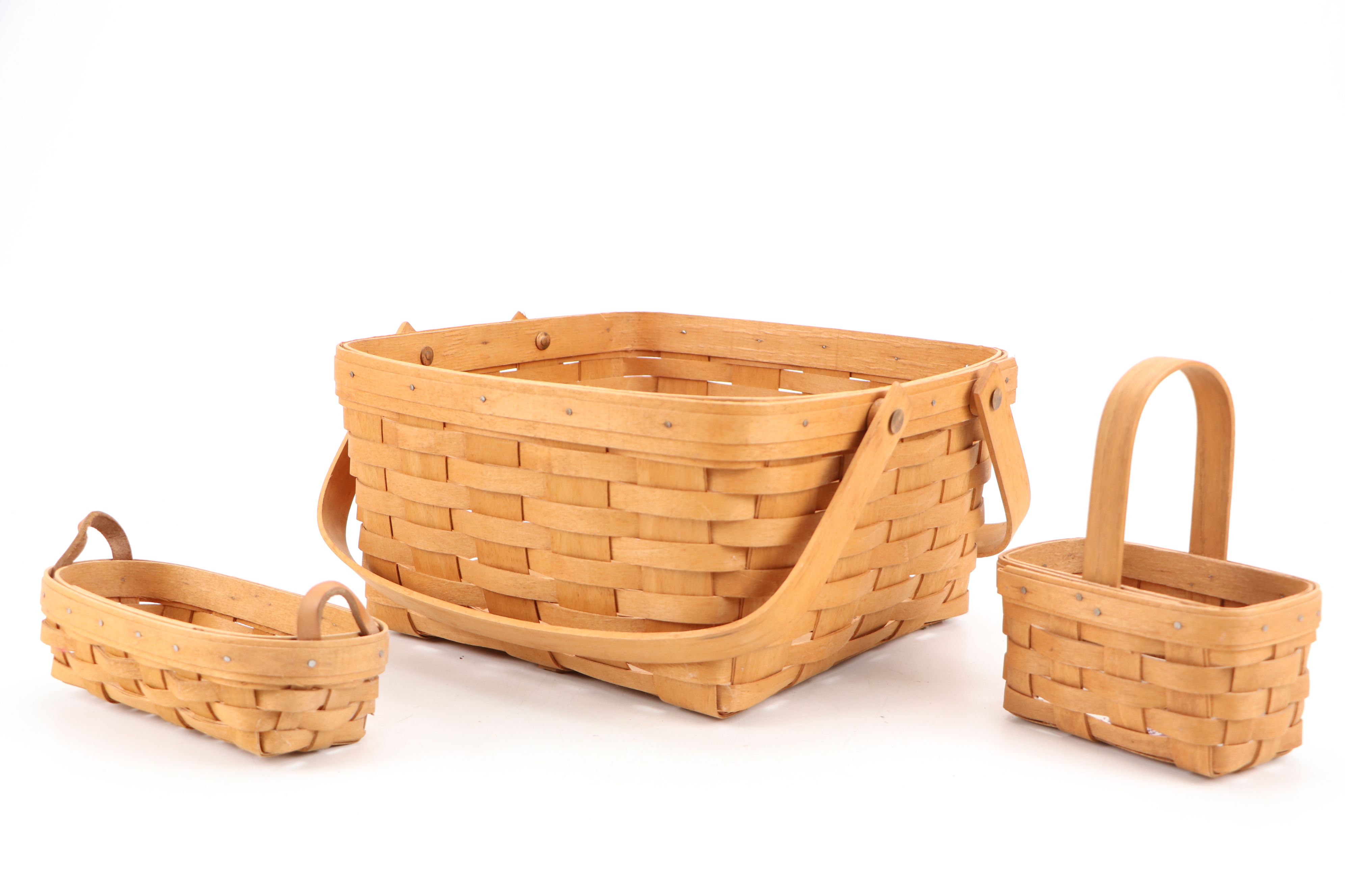 Longaberger Splint Wood Woven Baskets with Collectors Club Picnic Basket