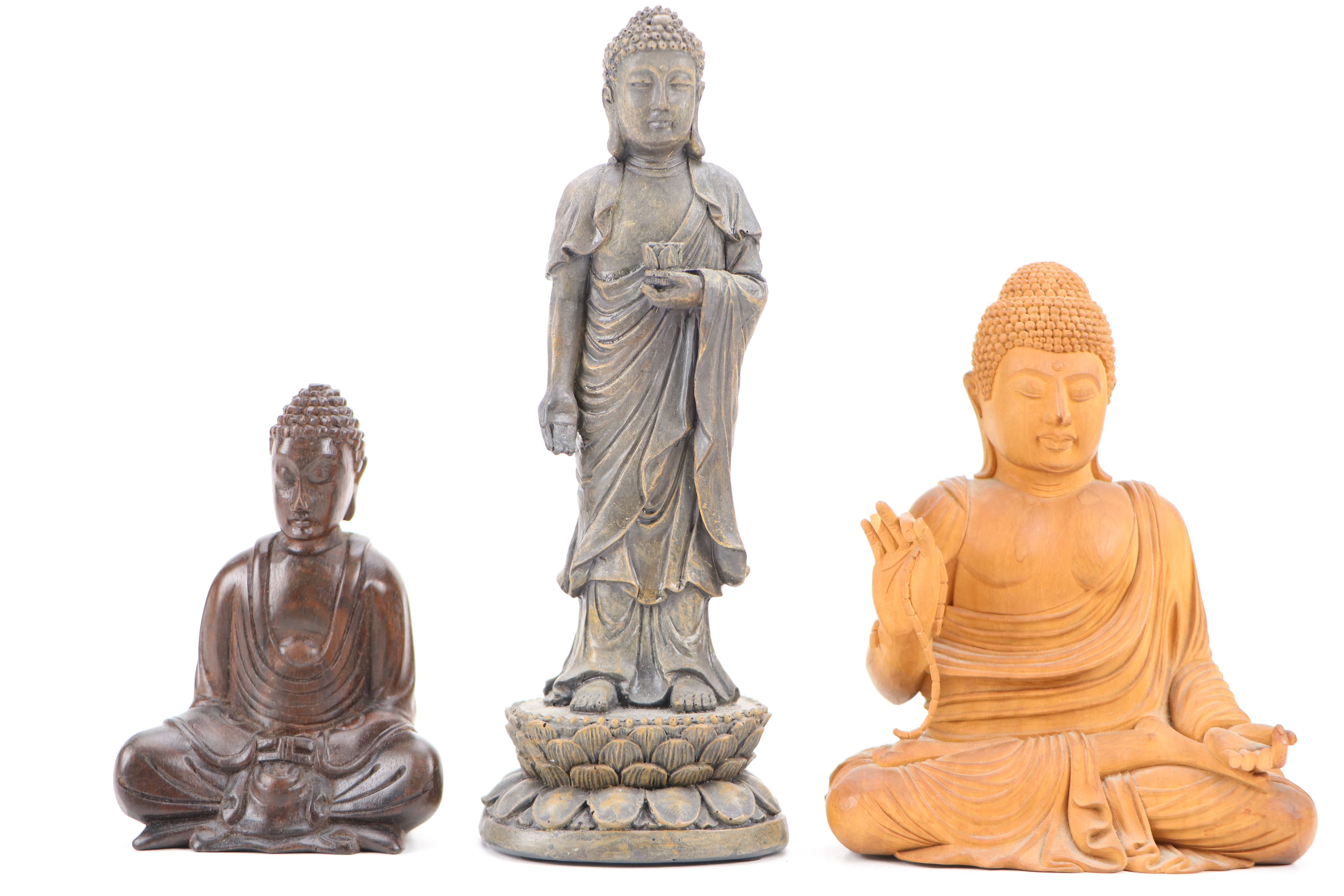 Southeast Asian Style Lotus Base and Other Seated Brass and Wood Buddhas