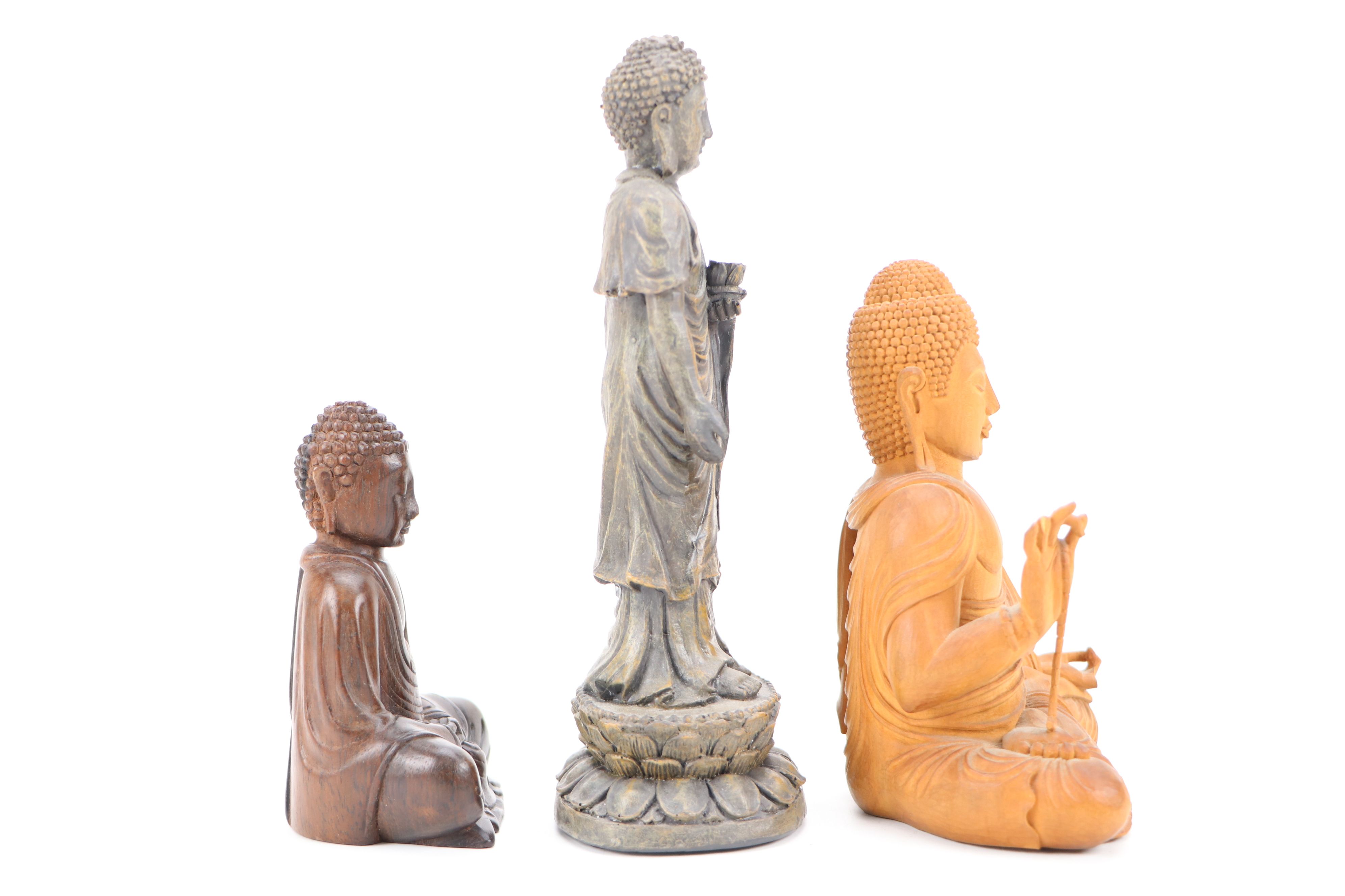 Southeast Asian Style Lotus Base and Other Seated Brass and Wood Buddhas