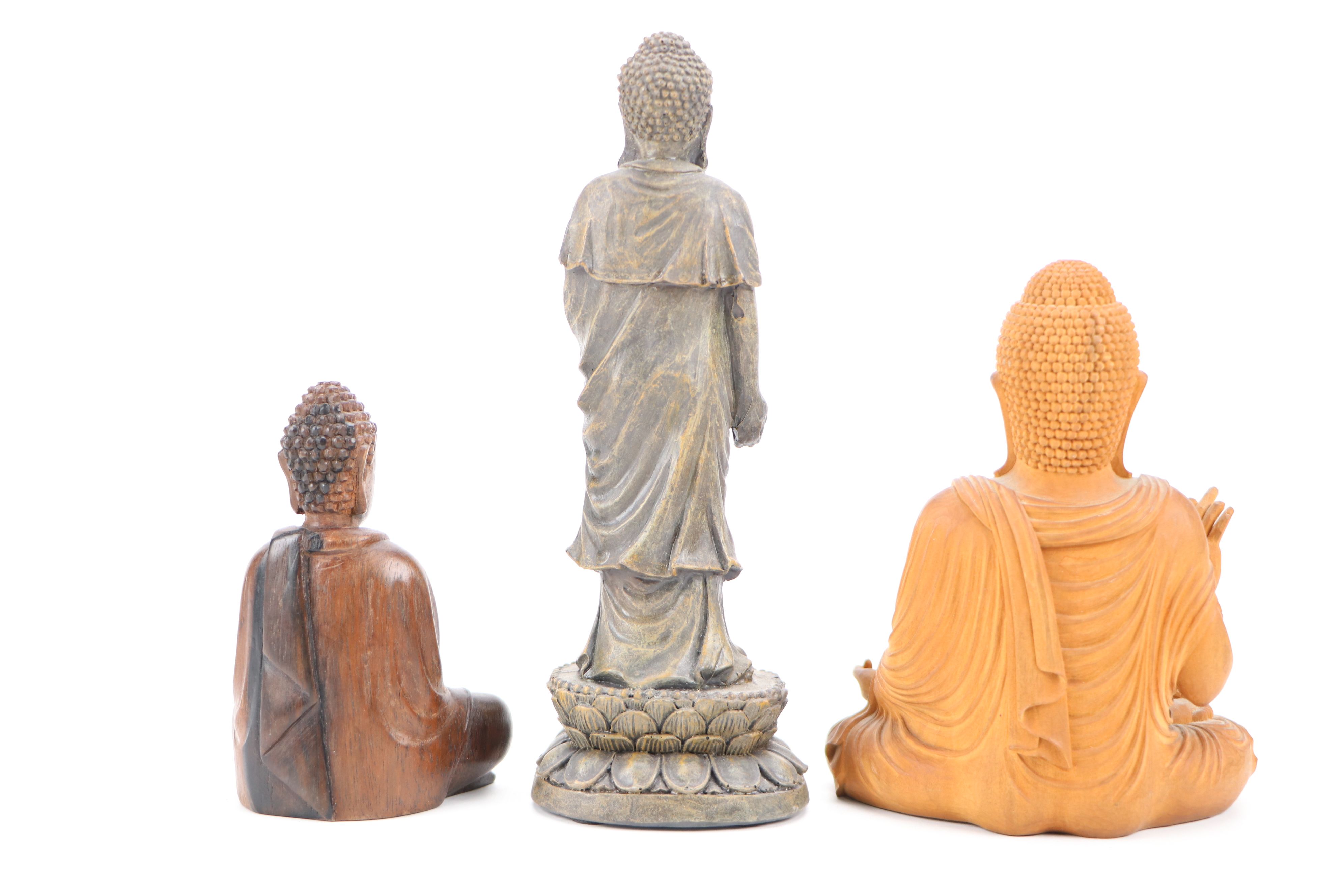 Southeast Asian Style Lotus Base and Other Seated Brass and Wood Buddhas