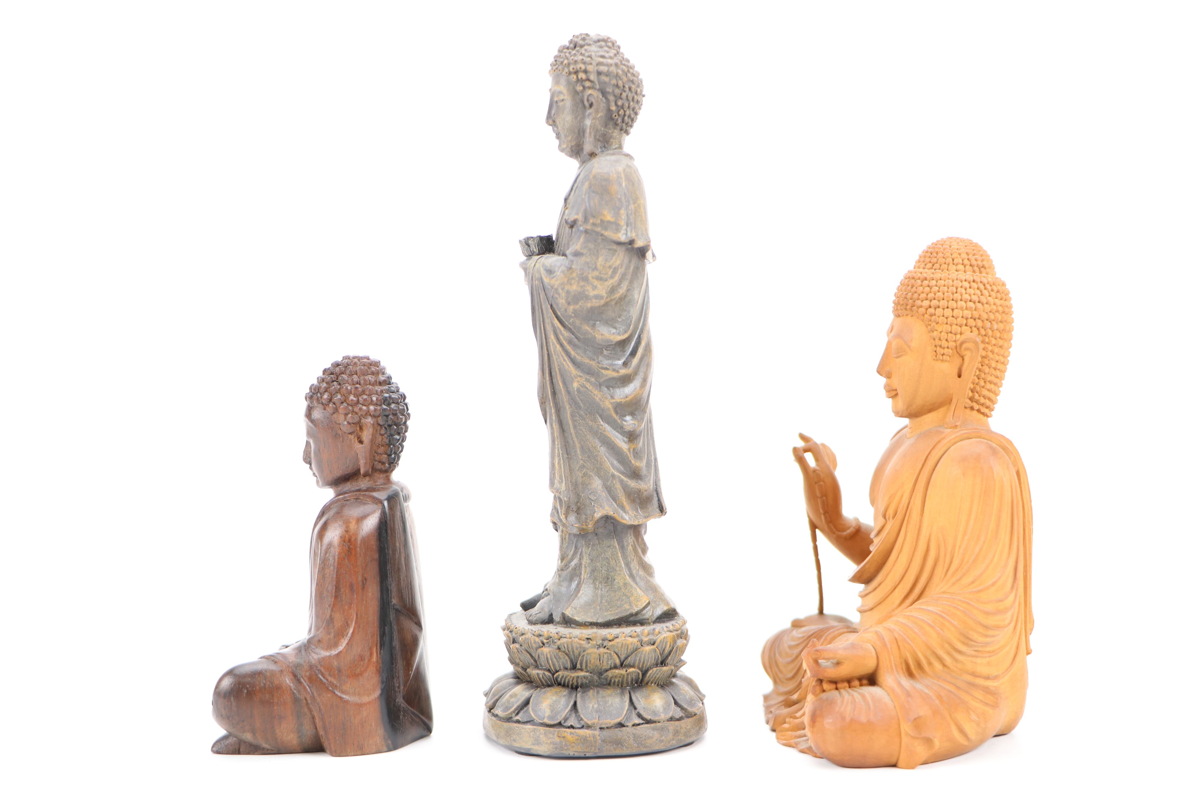 Southeast Asian Style Lotus Base and Other Seated Brass and Wood Buddhas