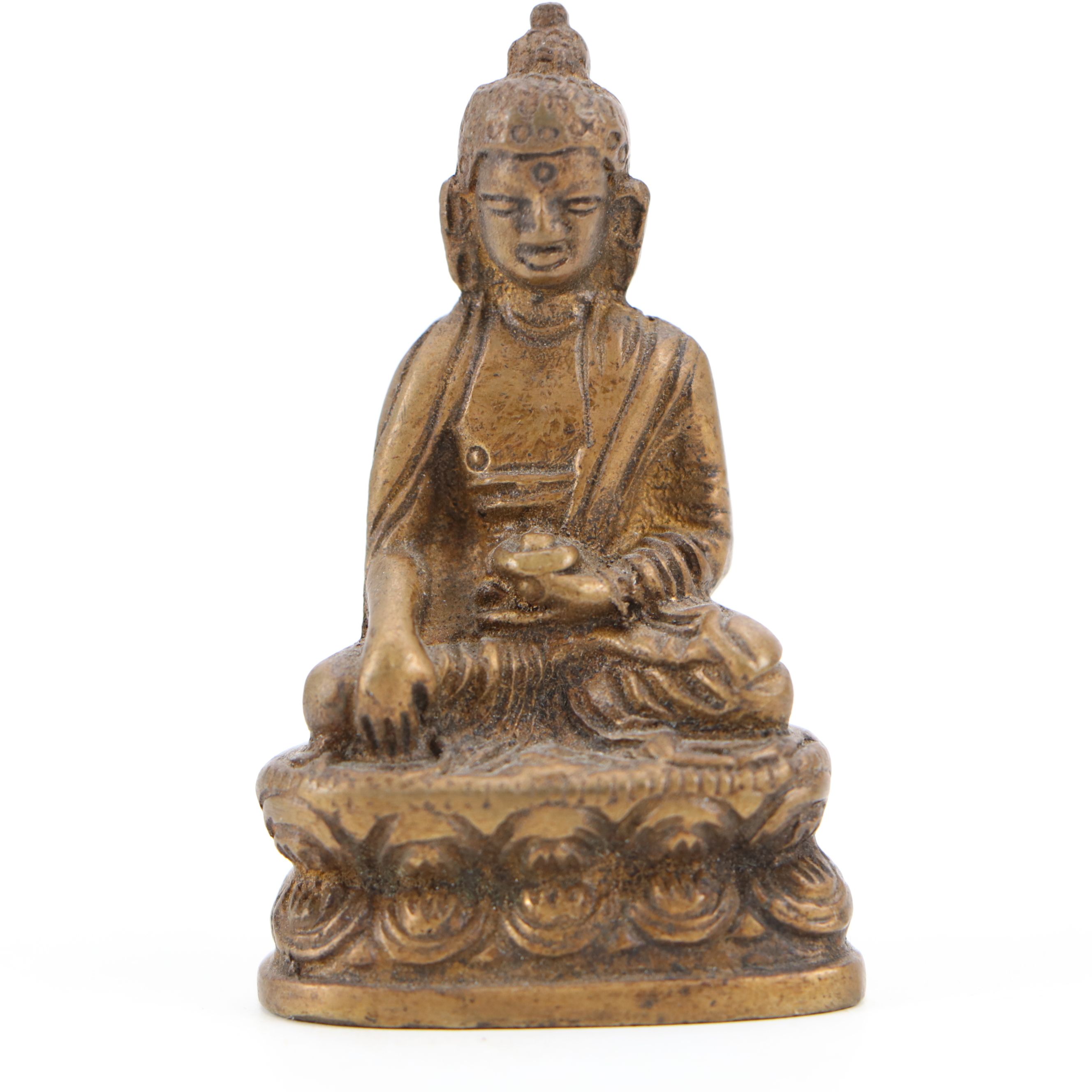 Southeast Asian Style Lotus Base and Other Seated Brass and Wood Buddhas