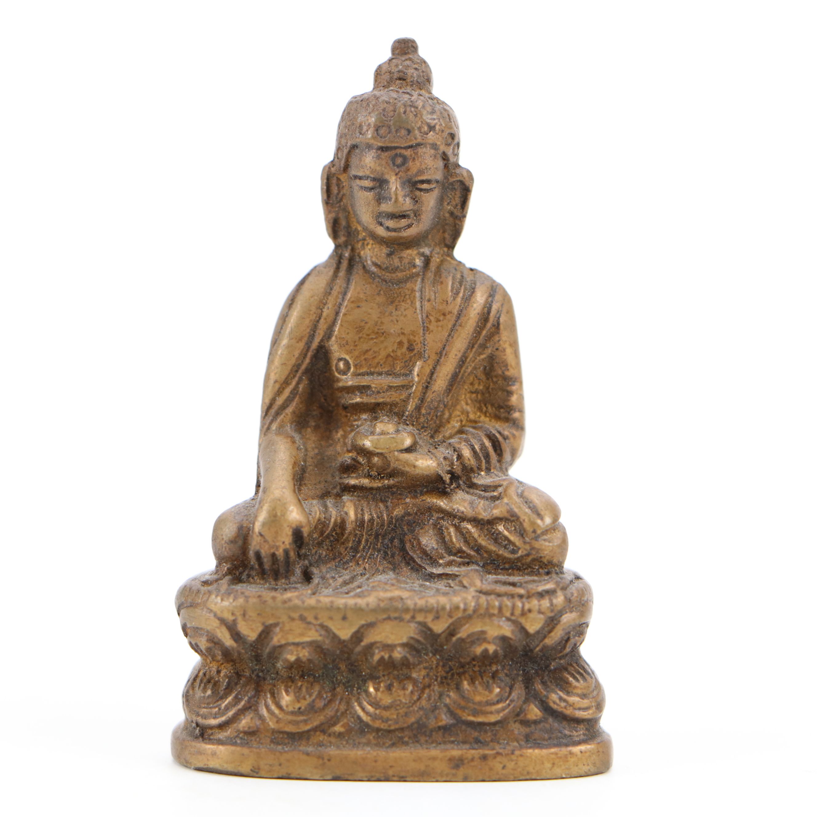 Southeast Asian Style Lotus Base and Other Seated Brass and Wood Buddhas