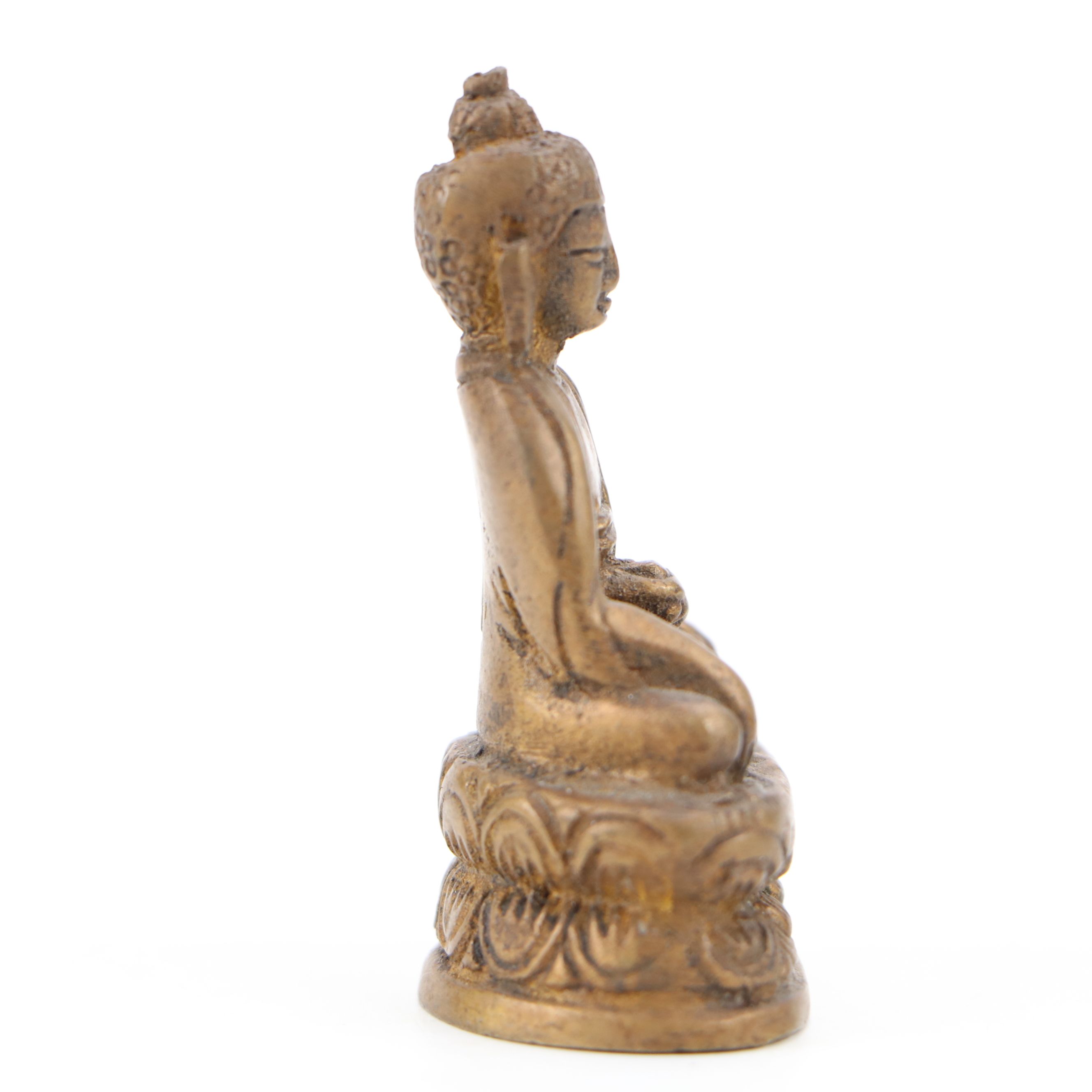 Southeast Asian Style Lotus Base and Other Seated Brass and Wood Buddhas