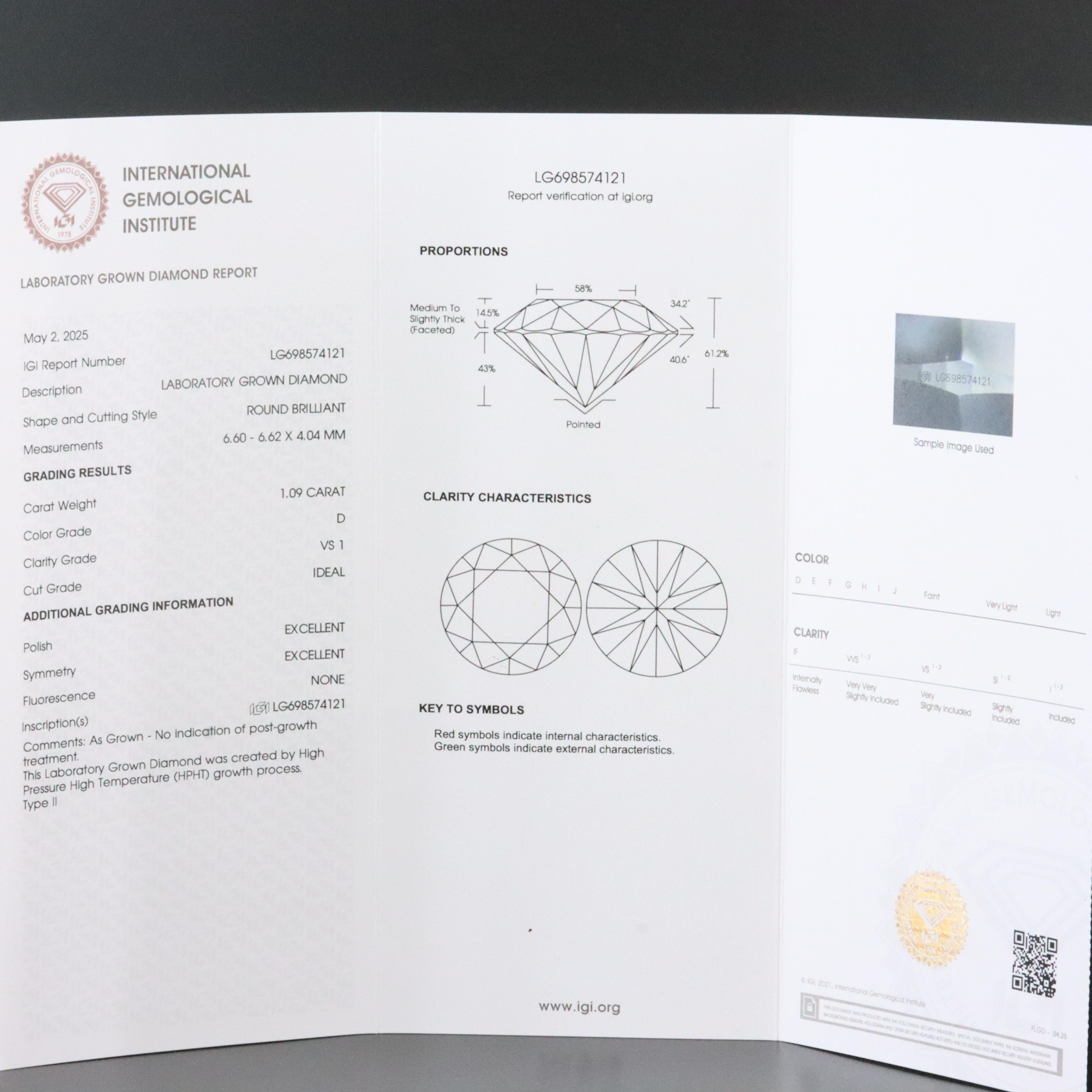 14K 1.09 CT Lab Grown Diamond Solitaire Pendant Necklace with IGI Report