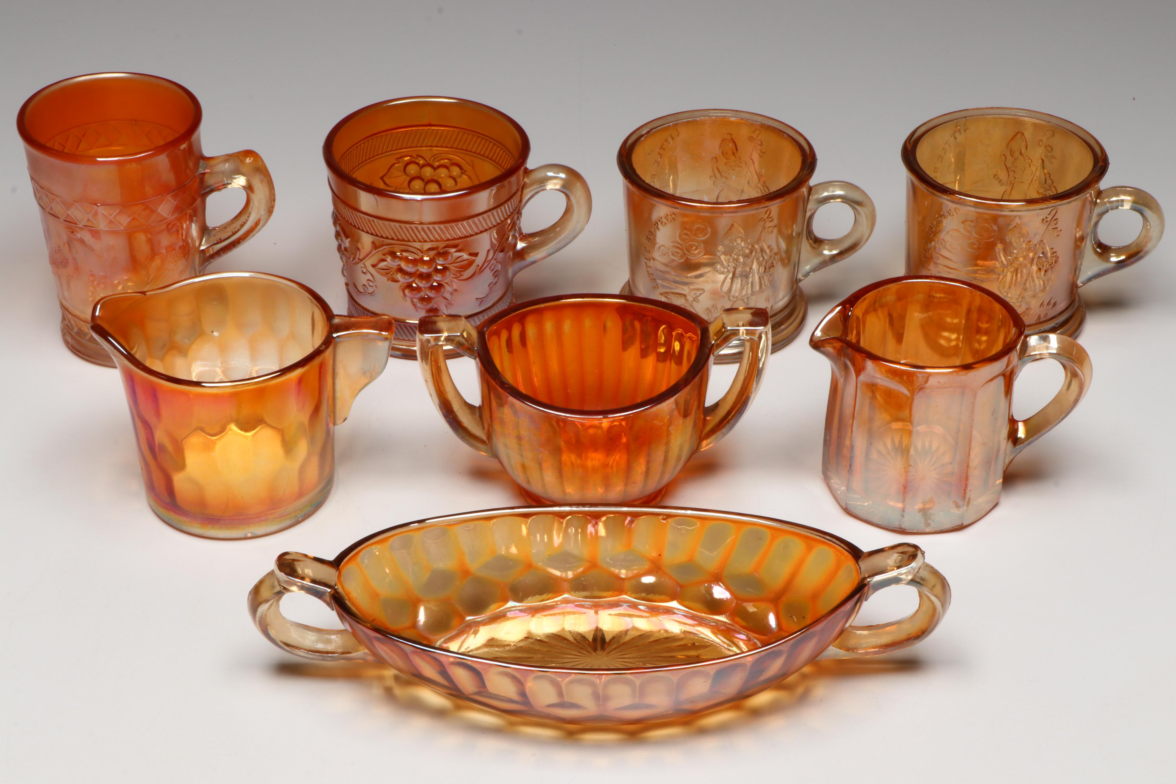 Westmoreland "Lil' Bo Peep" Children's Mugs with Other Marigold Carnival Glass