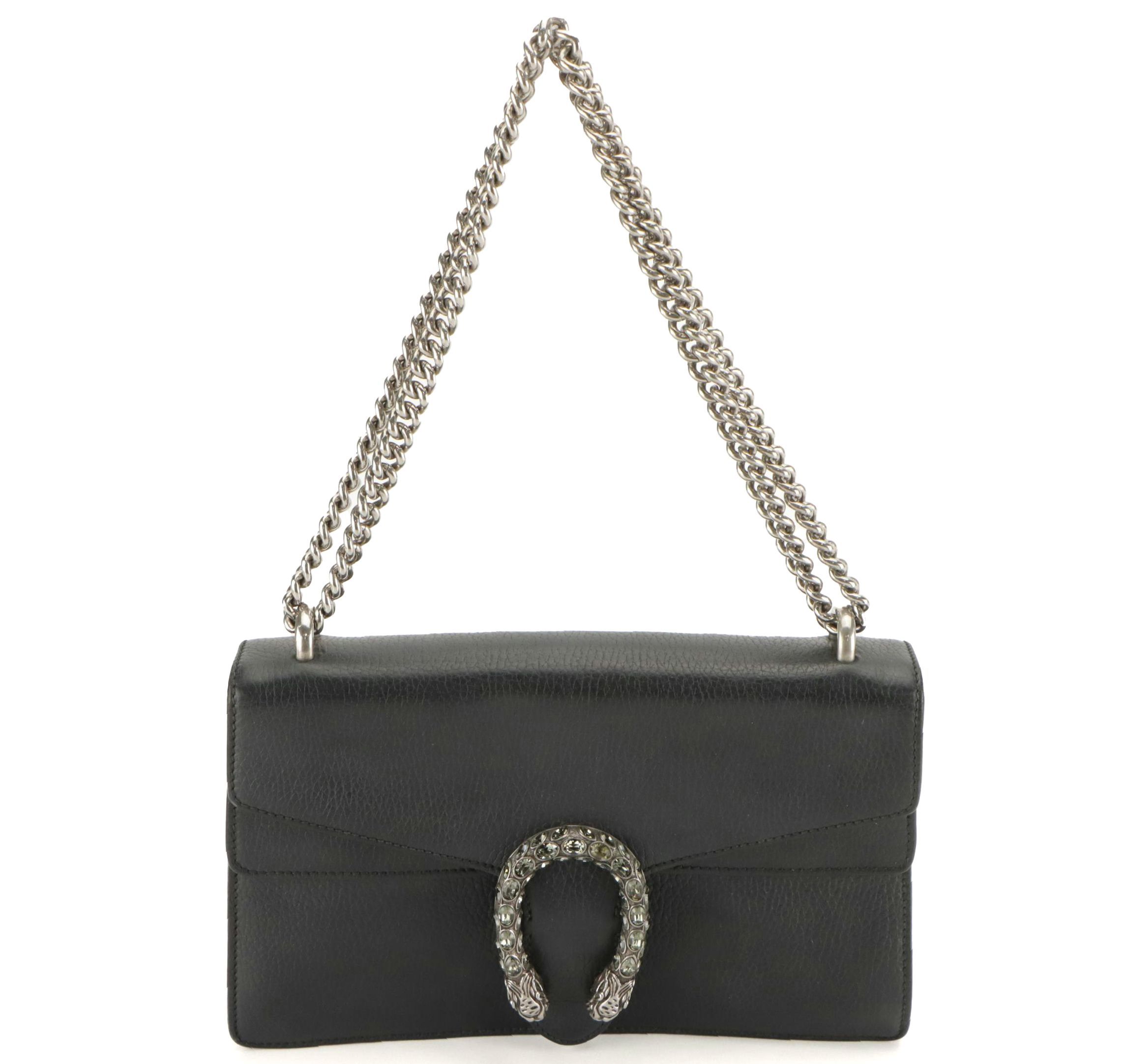 Gucci Medium Crystal Dionysus Shoulder Bag in Black Grained Leather