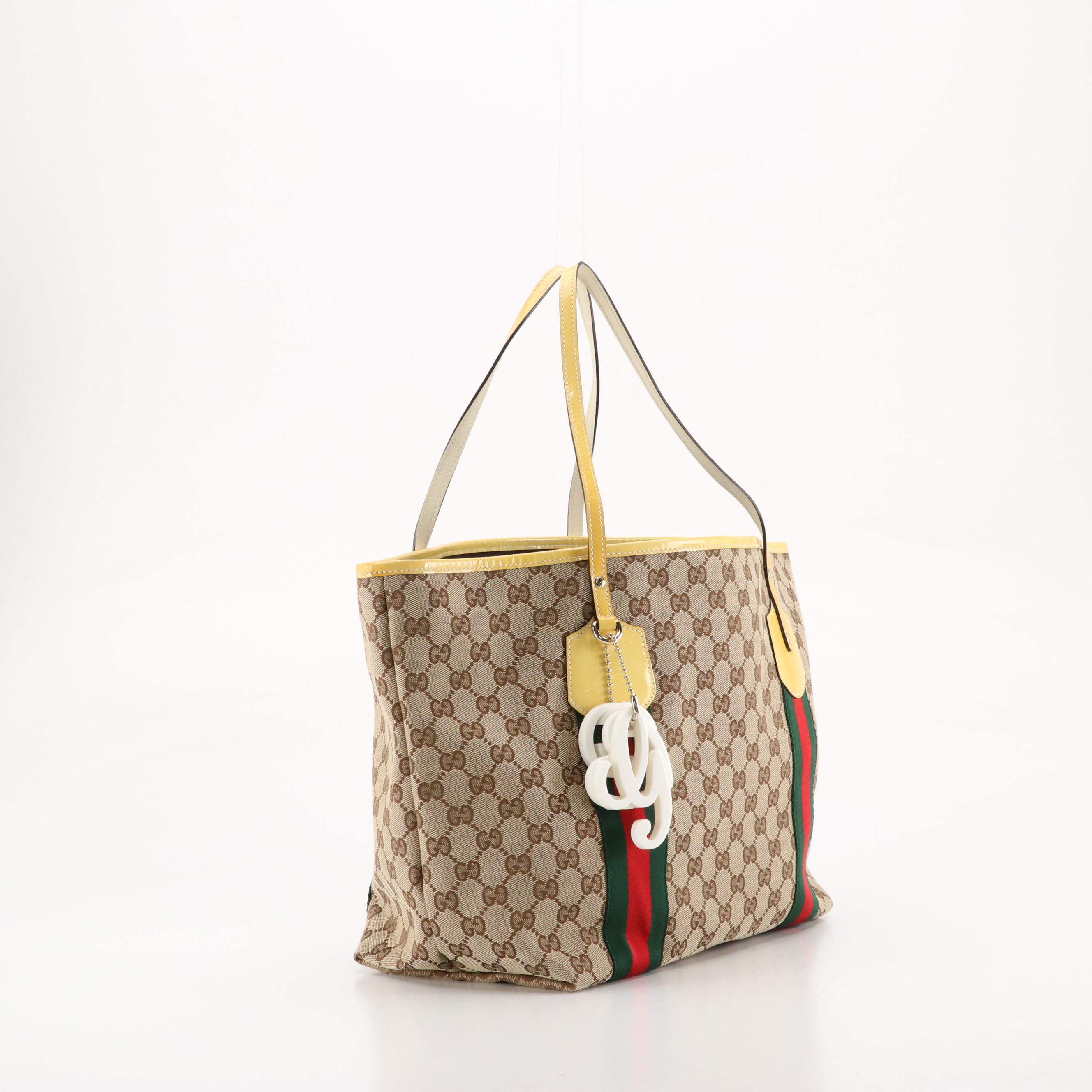 Gucci Jolie Web Tote Bag in GG Canvas and Yellow Patent Leather