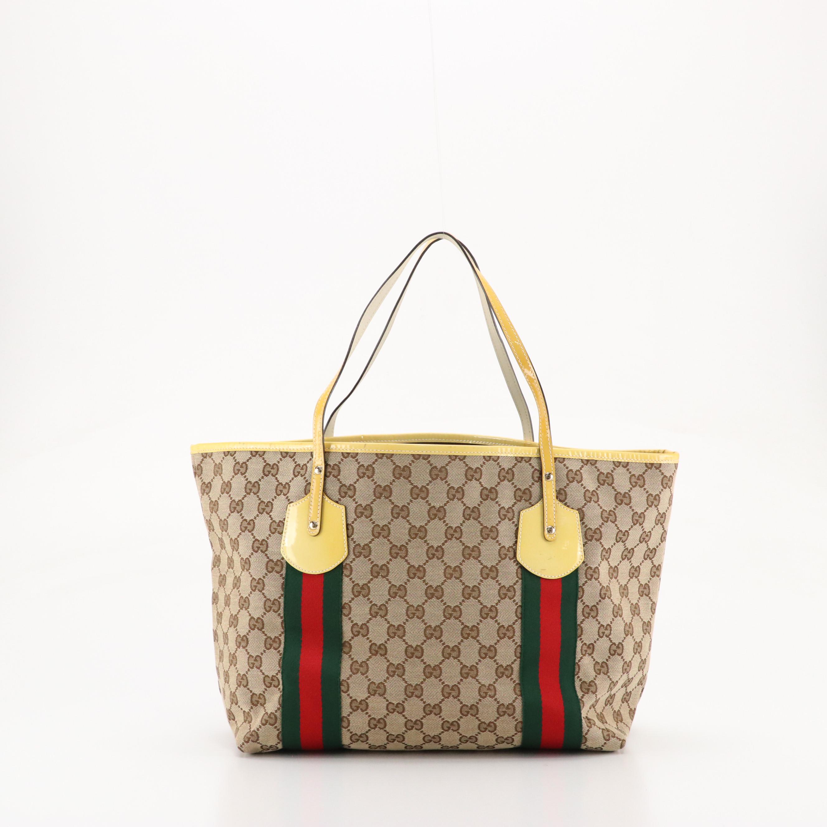 Gucci Jolie Web Tote Bag in GG Canvas and Yellow Patent Leather