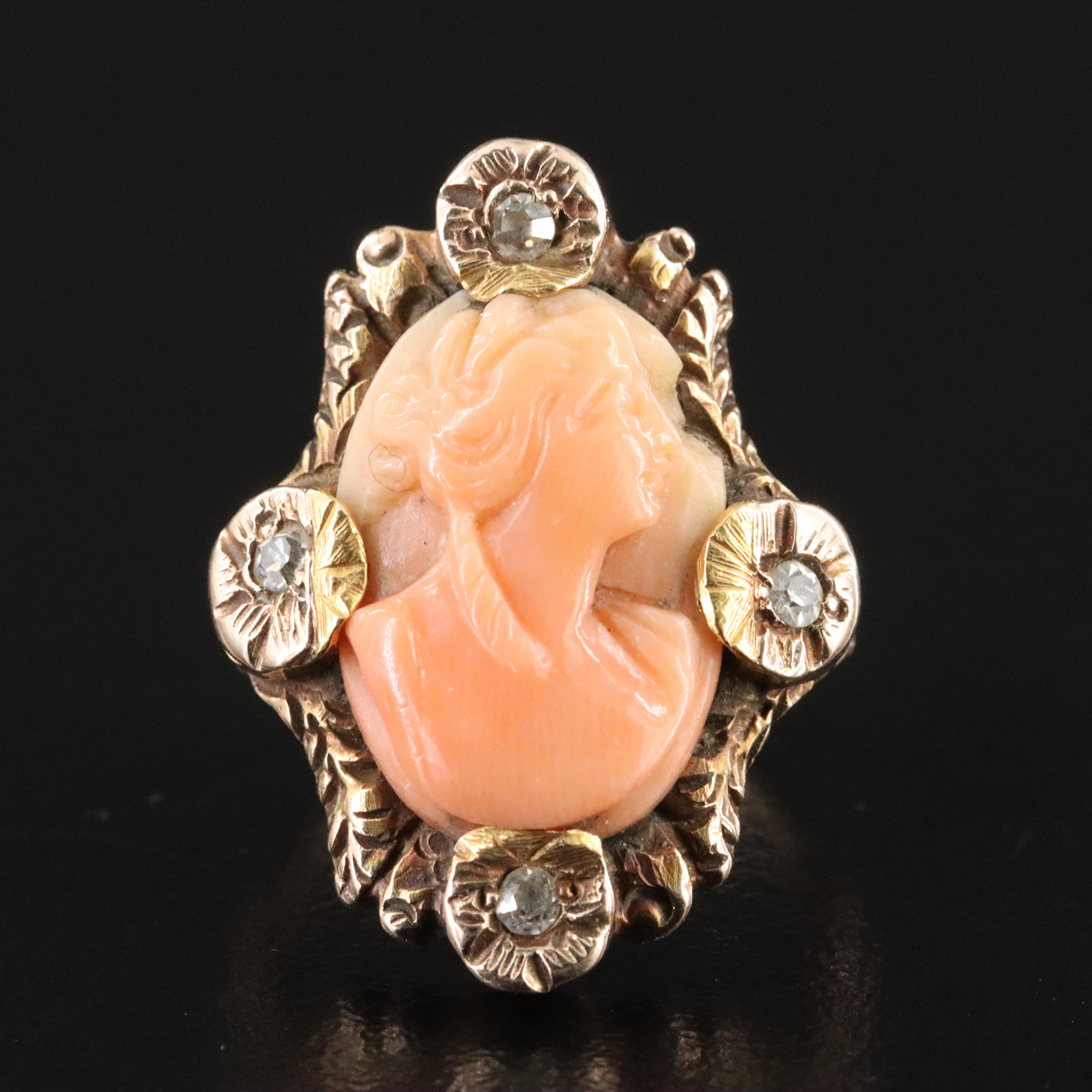 Antique 10K Coral and Diamond Carved Cameo Ring