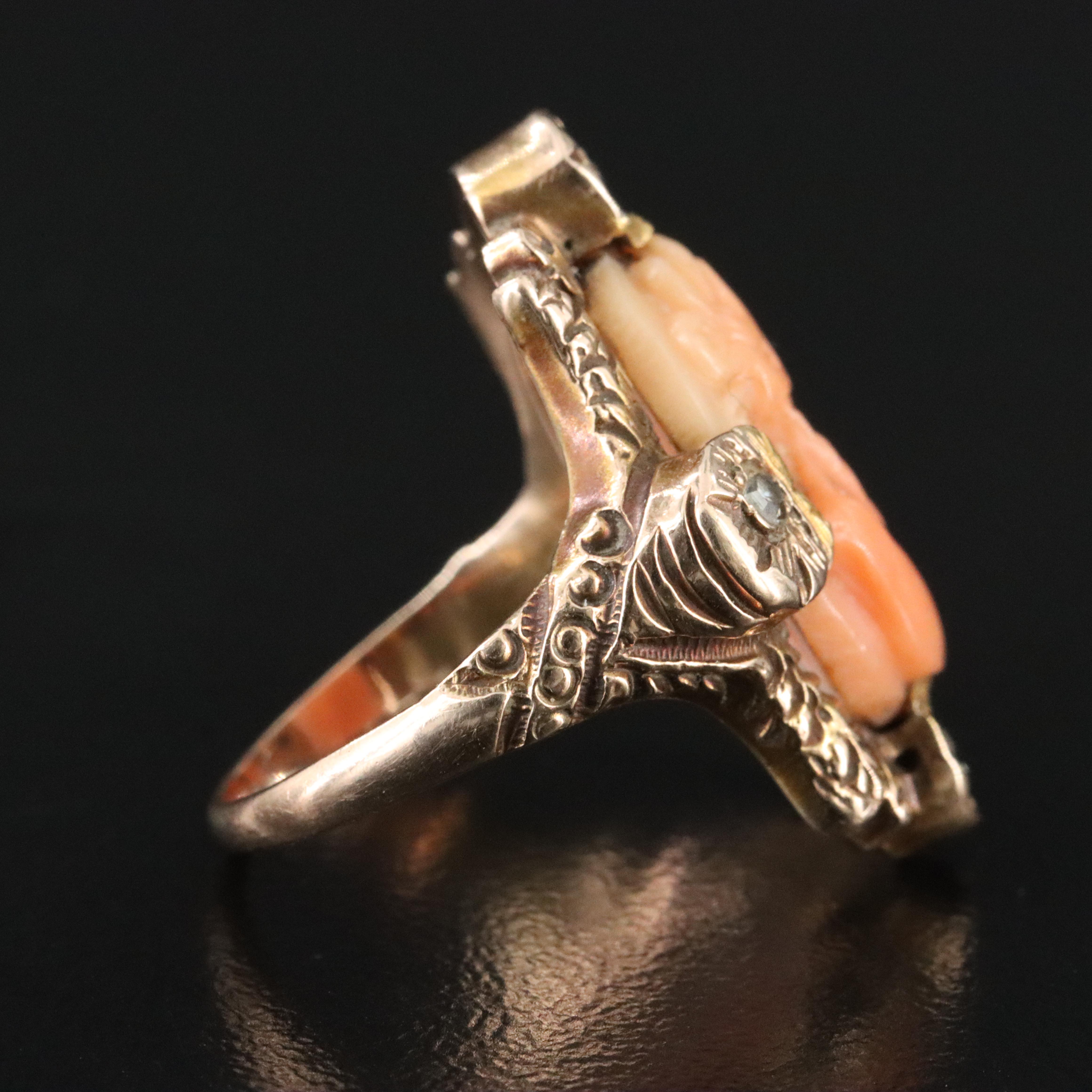 Antique 10K Coral and Diamond Carved Cameo Ring