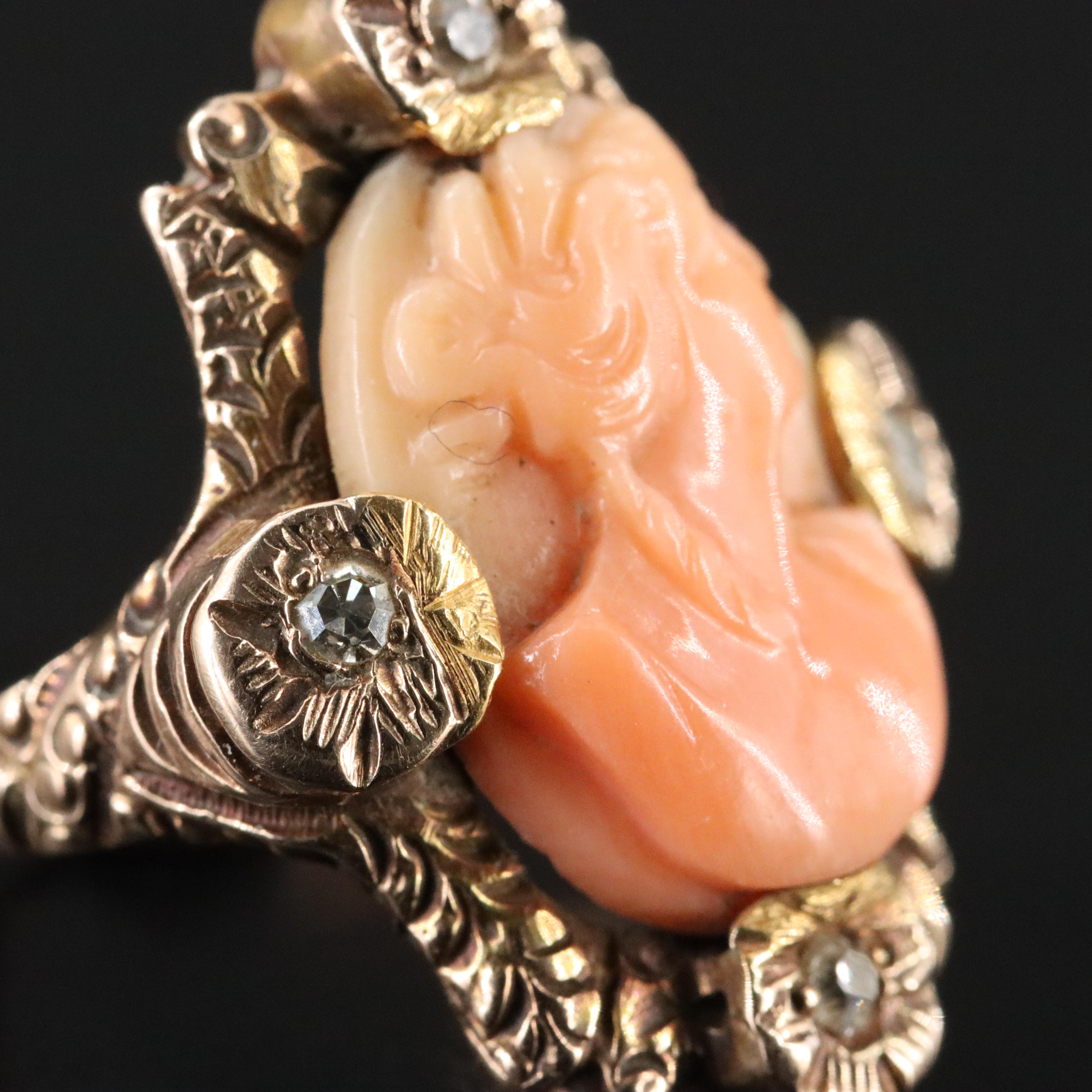 Antique 10K Coral and Diamond Carved Cameo Ring