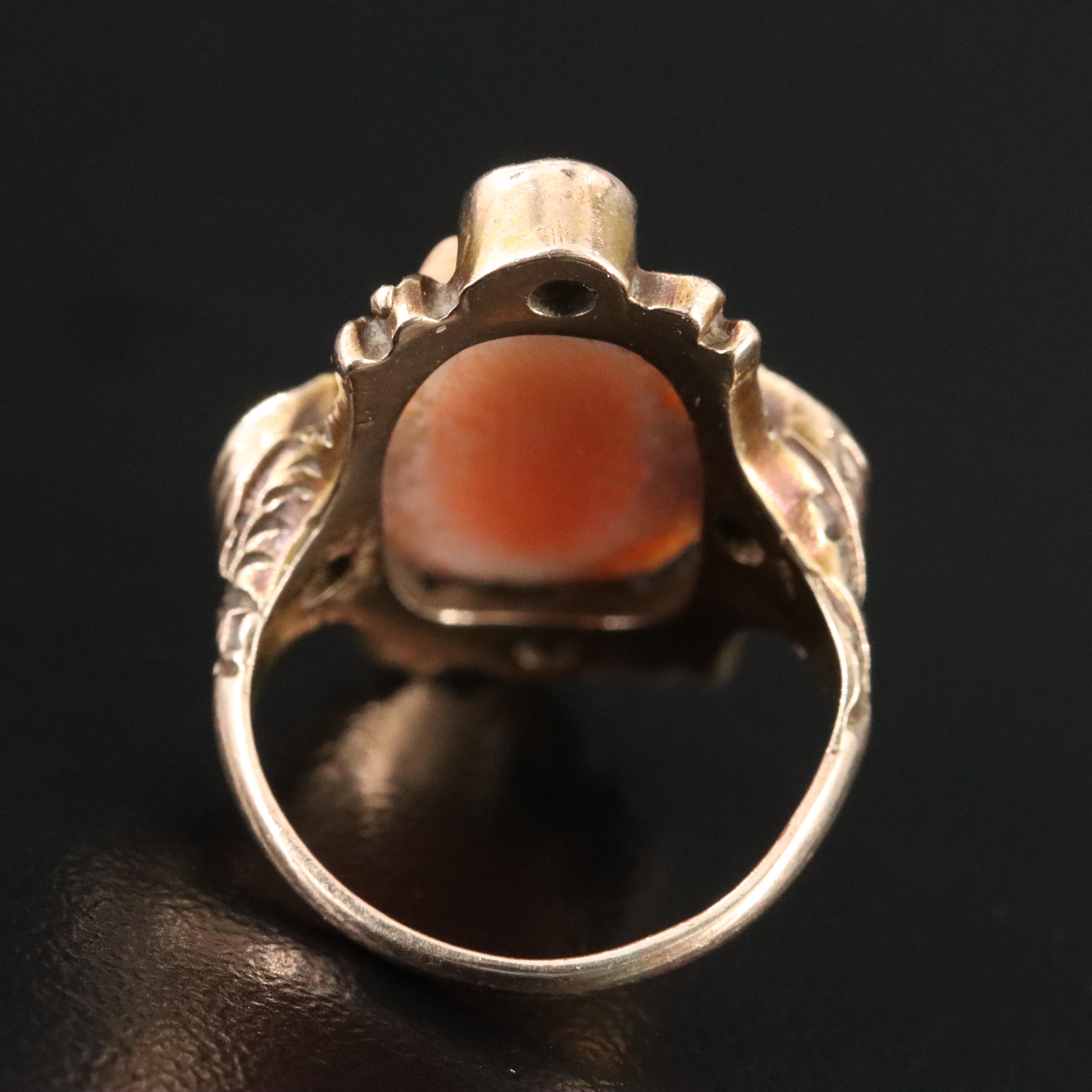 Antique 10K Coral and Diamond Carved Cameo Ring